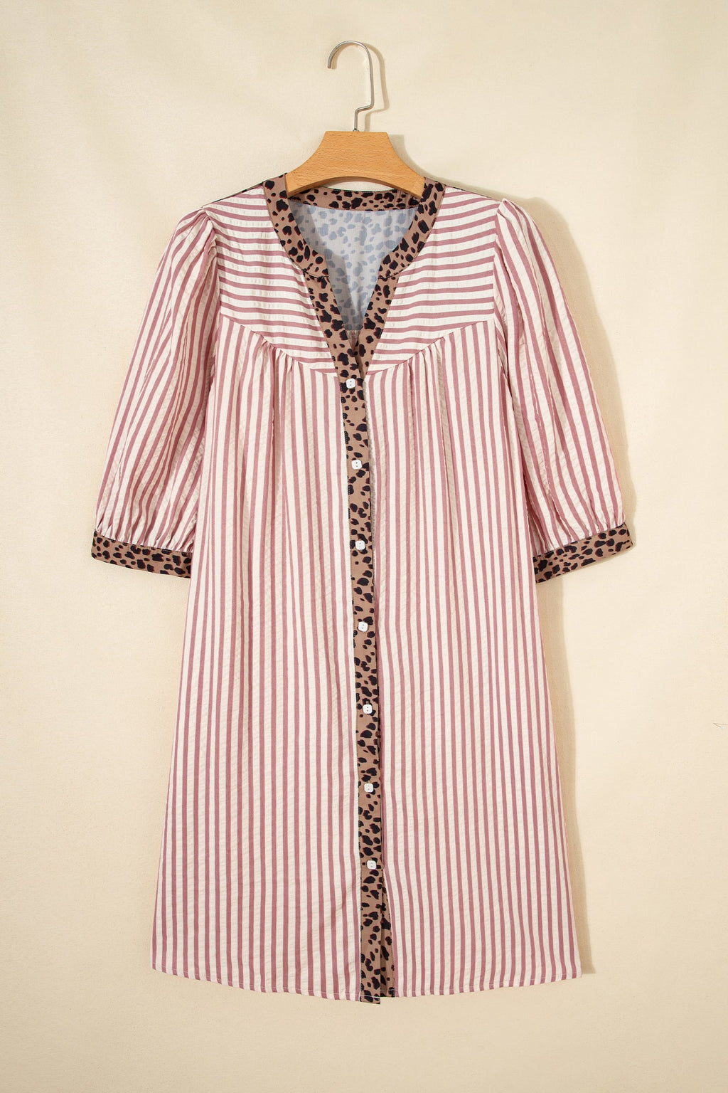 Pink Stripe Square Button Leopard Trim Loose Bracelet Sleeve Shirt Dress