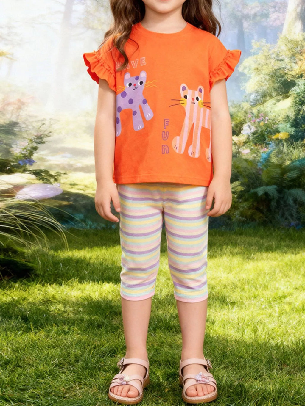 Children's Cats Graphic Tee & Striped Capri Set