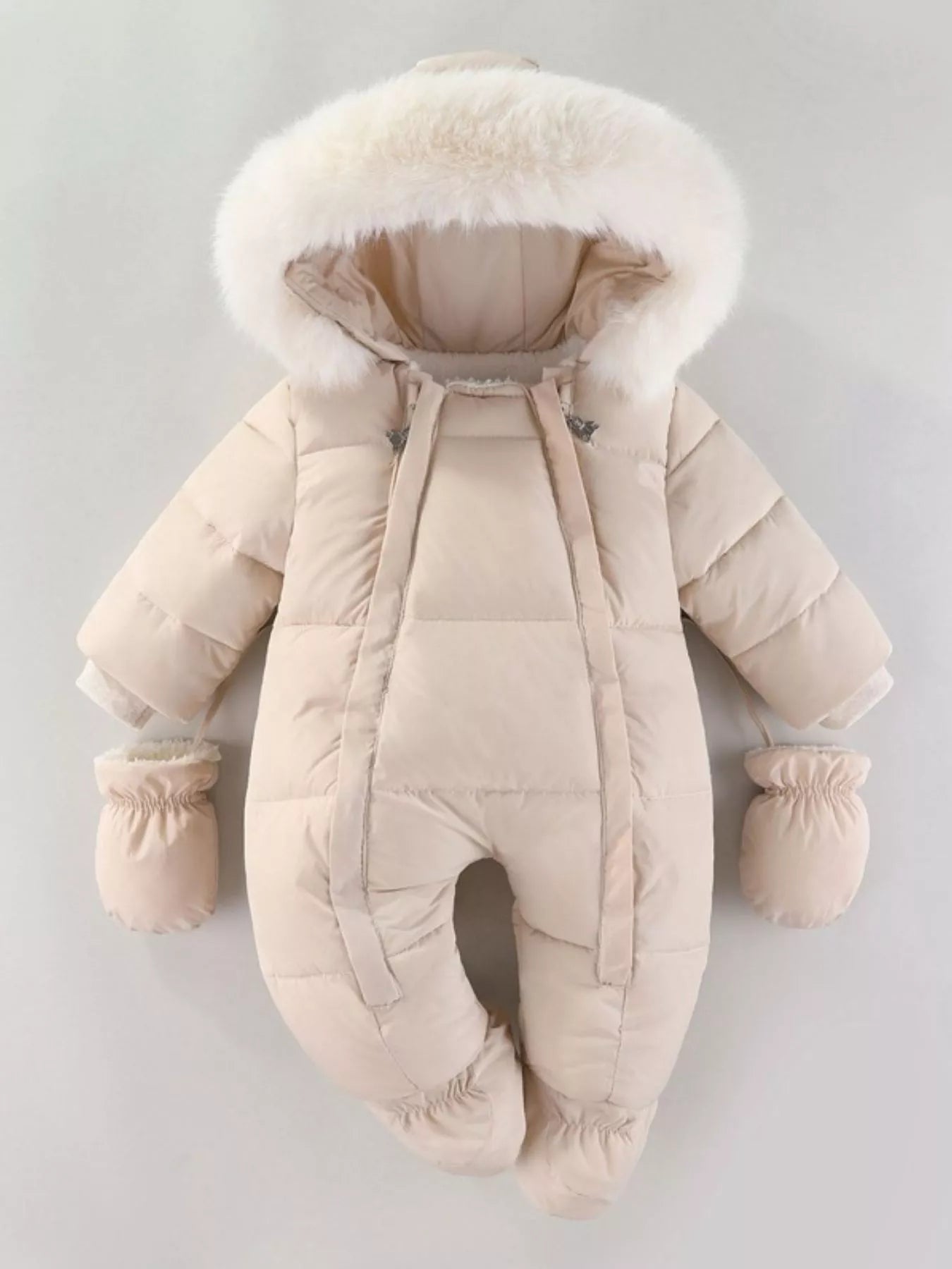 Children's Warm Padded One-Piece Snowsuit with Fur Hood
