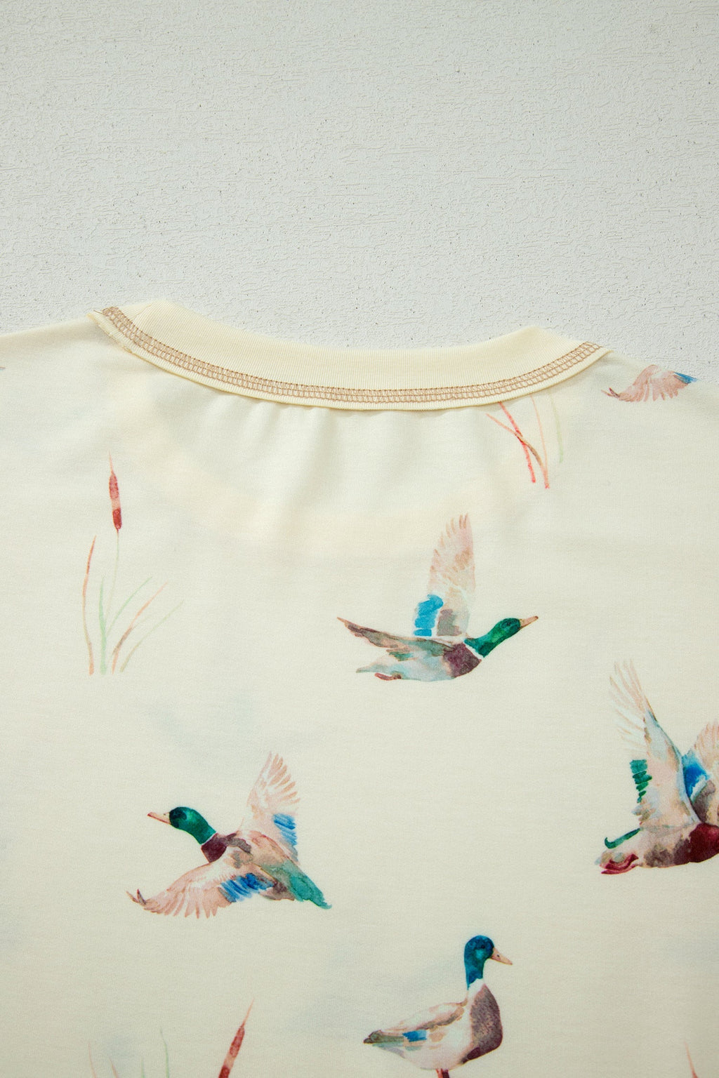 Beige Mallard Duck Print Oversized Tee Drawstring Short Set