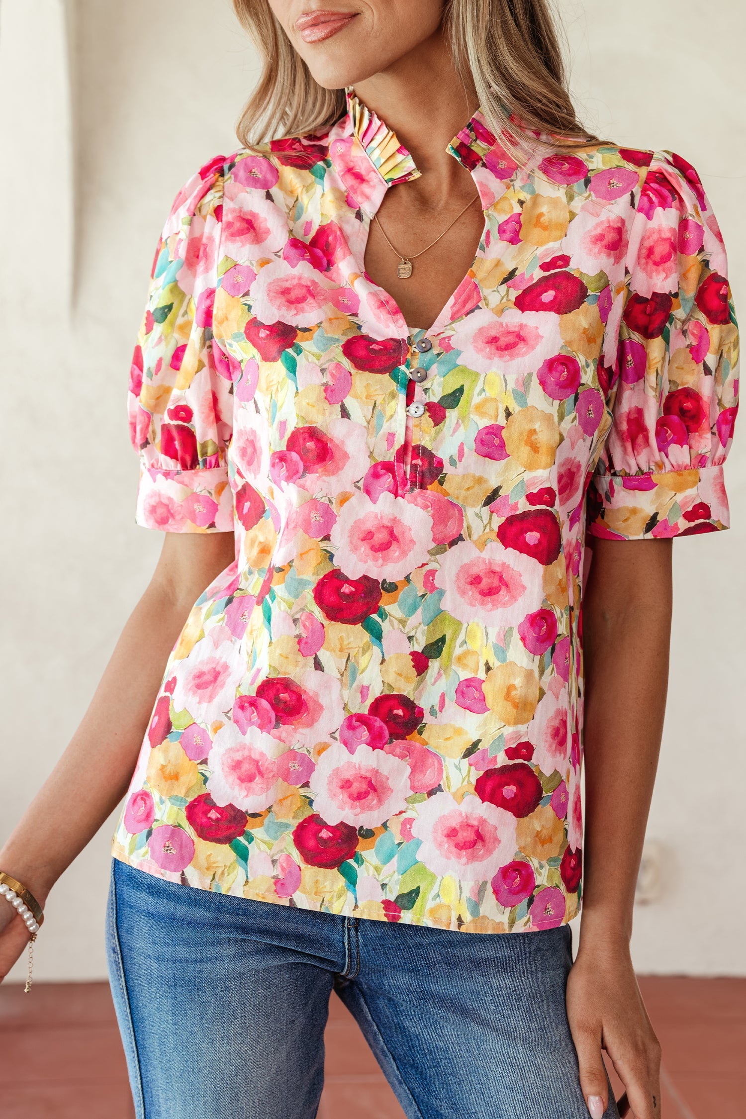 Pink Floral Frilled V Neck Puff Short Sleeve Blouse