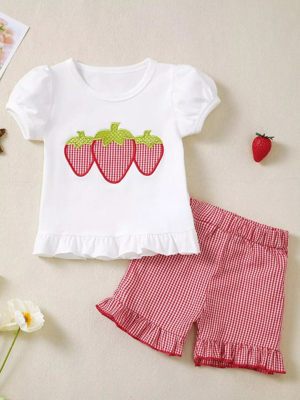 Children's Strawberry Gingham Ruffle Trim Top and Shorts Set