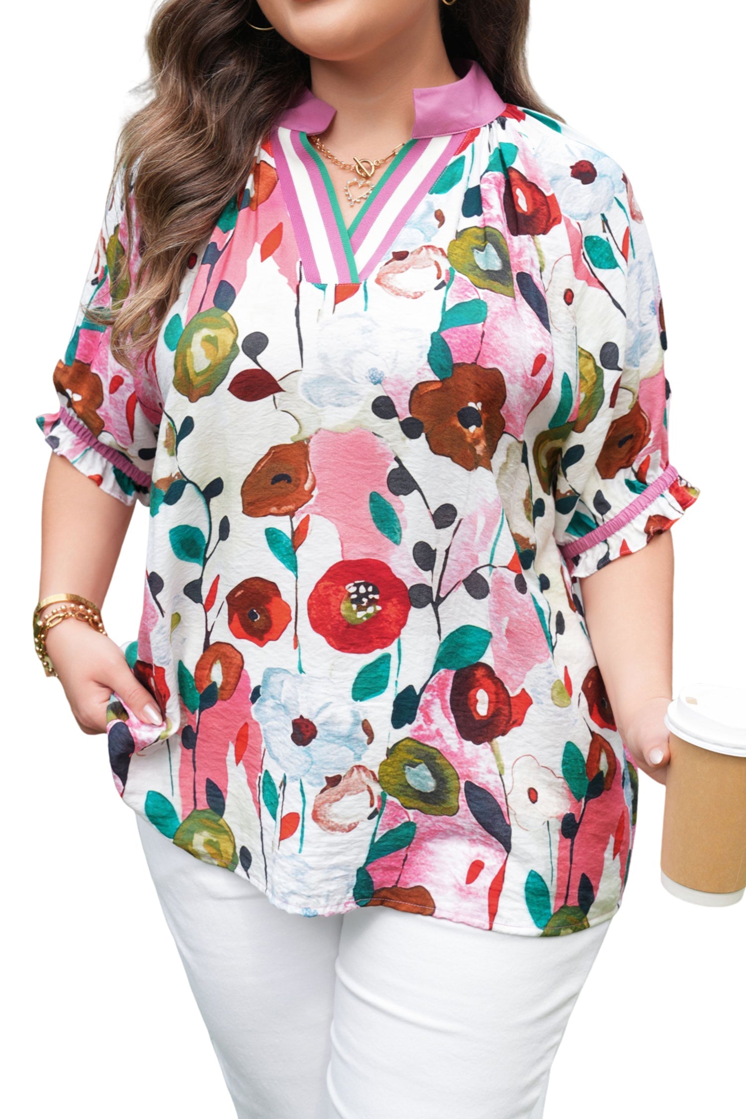 Pink V Neck Short Puff Sleeve Plus Size Floral Blouse