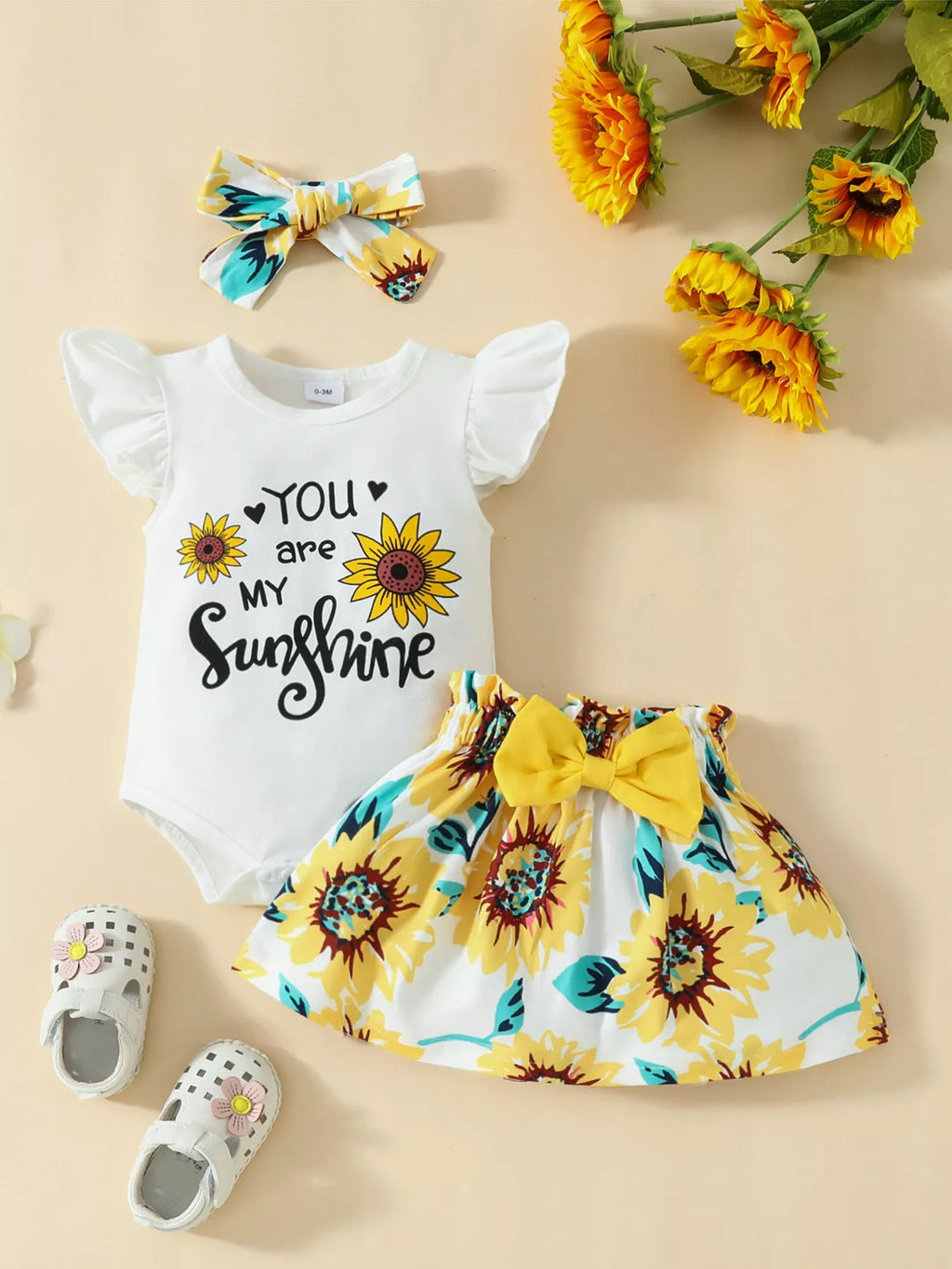 Children's Ruffled Bodysuit and Sunflower Skirt Set with Headband
