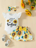 Children's Ruffled Bodysuit and Sunflower Skirt Set with Headband