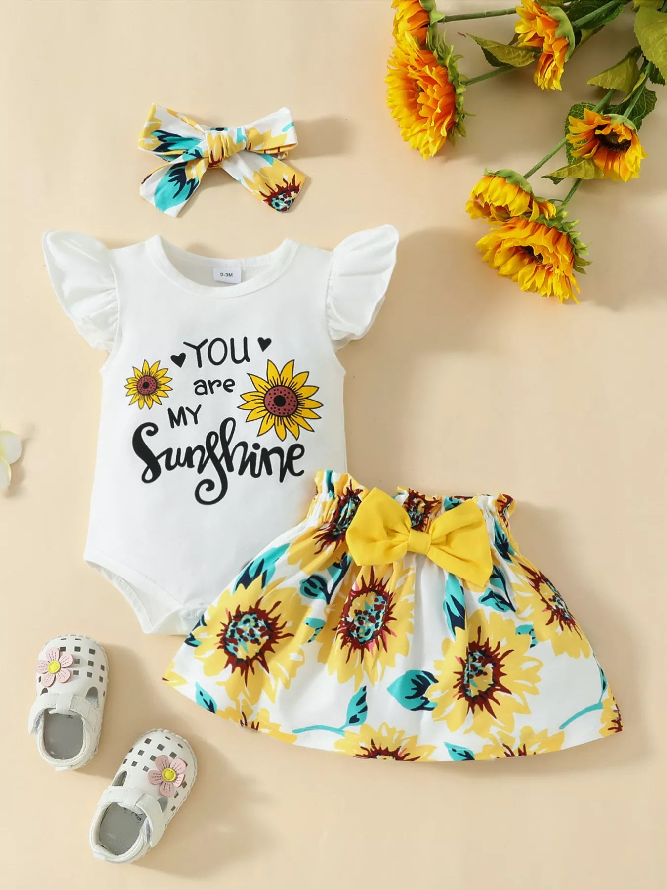 Children's Ruffled Bodysuit and Sunflower Skirt Set with Headband
