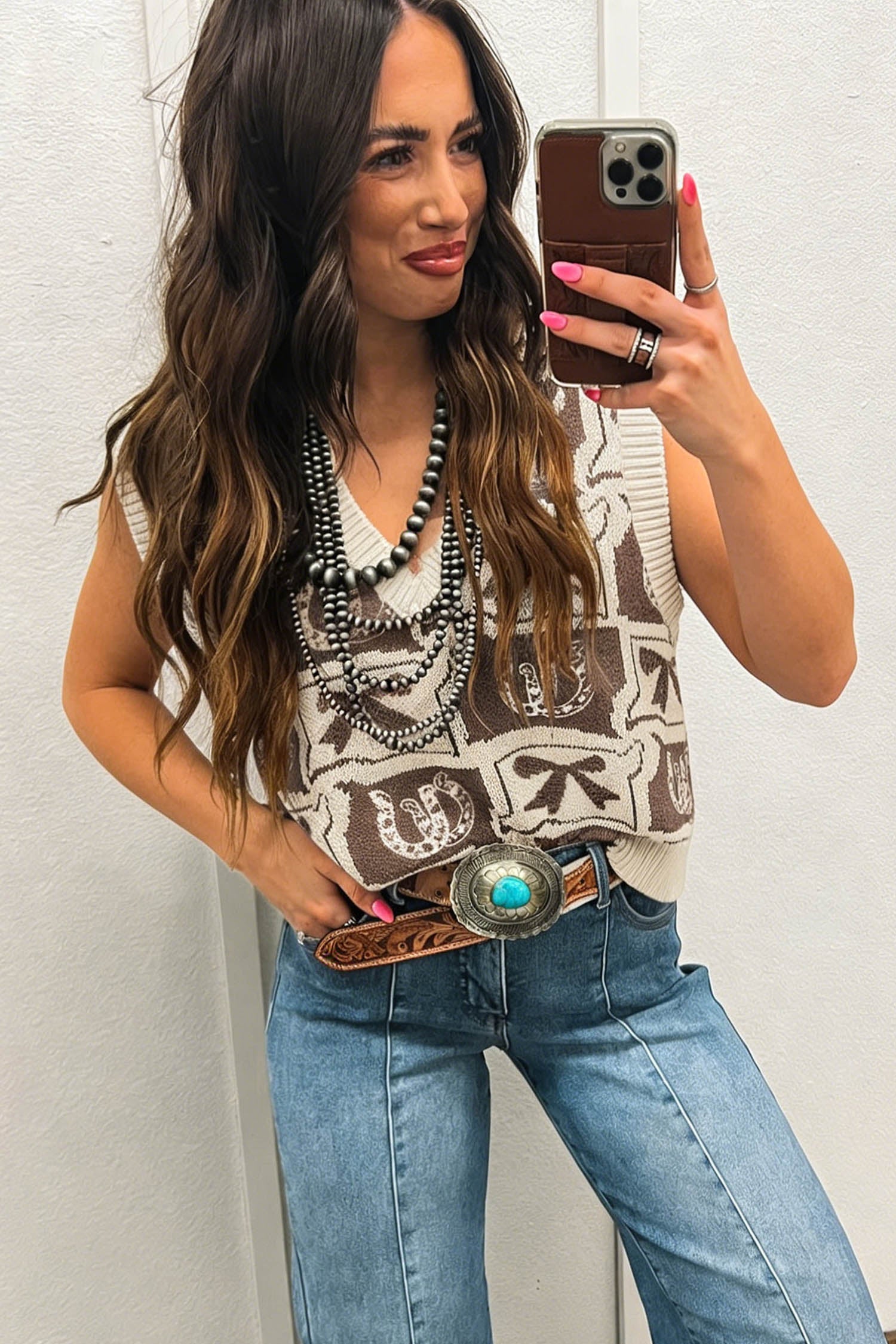 Brown Western Horseshoe Bow Printed V Neck Loose Sweater Vest