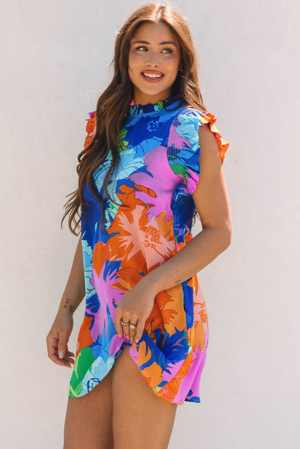 Blue Bold Floral Flutter Sleeve Shift Mini Dress with Pockets
