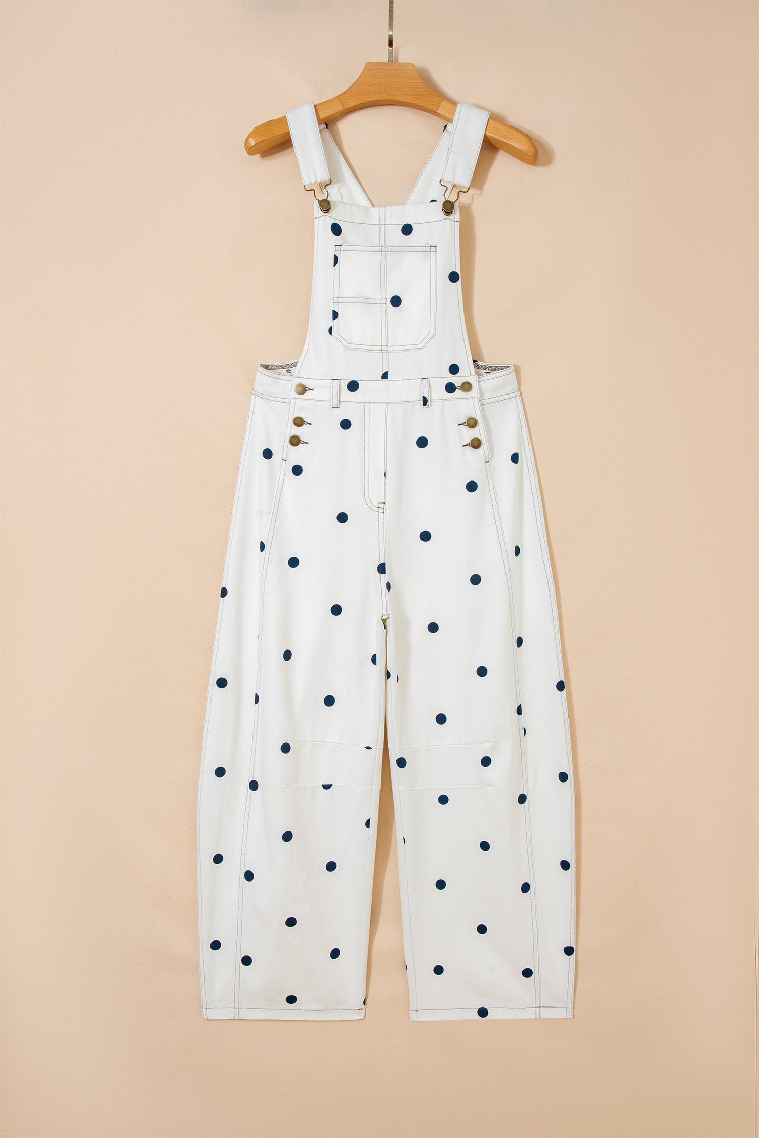 Jet Stream Polka Dot Print Bib Pocket Denim Barrel Overalls Jumpsuit
