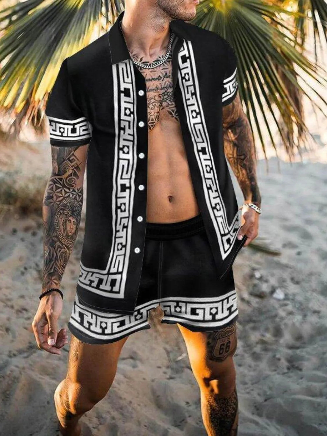 Men's Full Size Printed Button Up Top and Shorts Set Plus Size