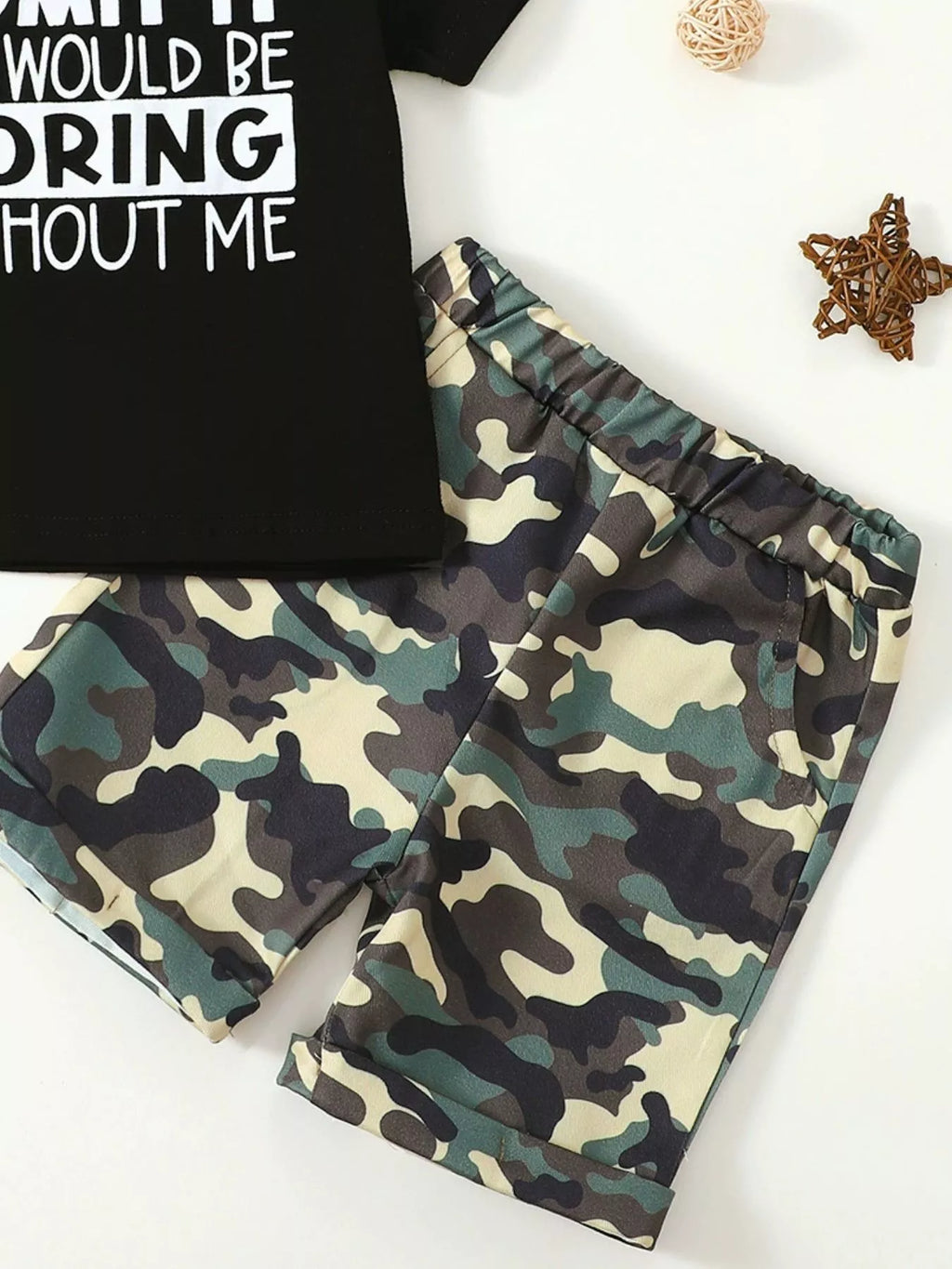 Children's Letter Graphic Tee and Camouflage Shorts Set
