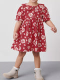 Children's Floral Print Ruffle Collar Button-Front Dress