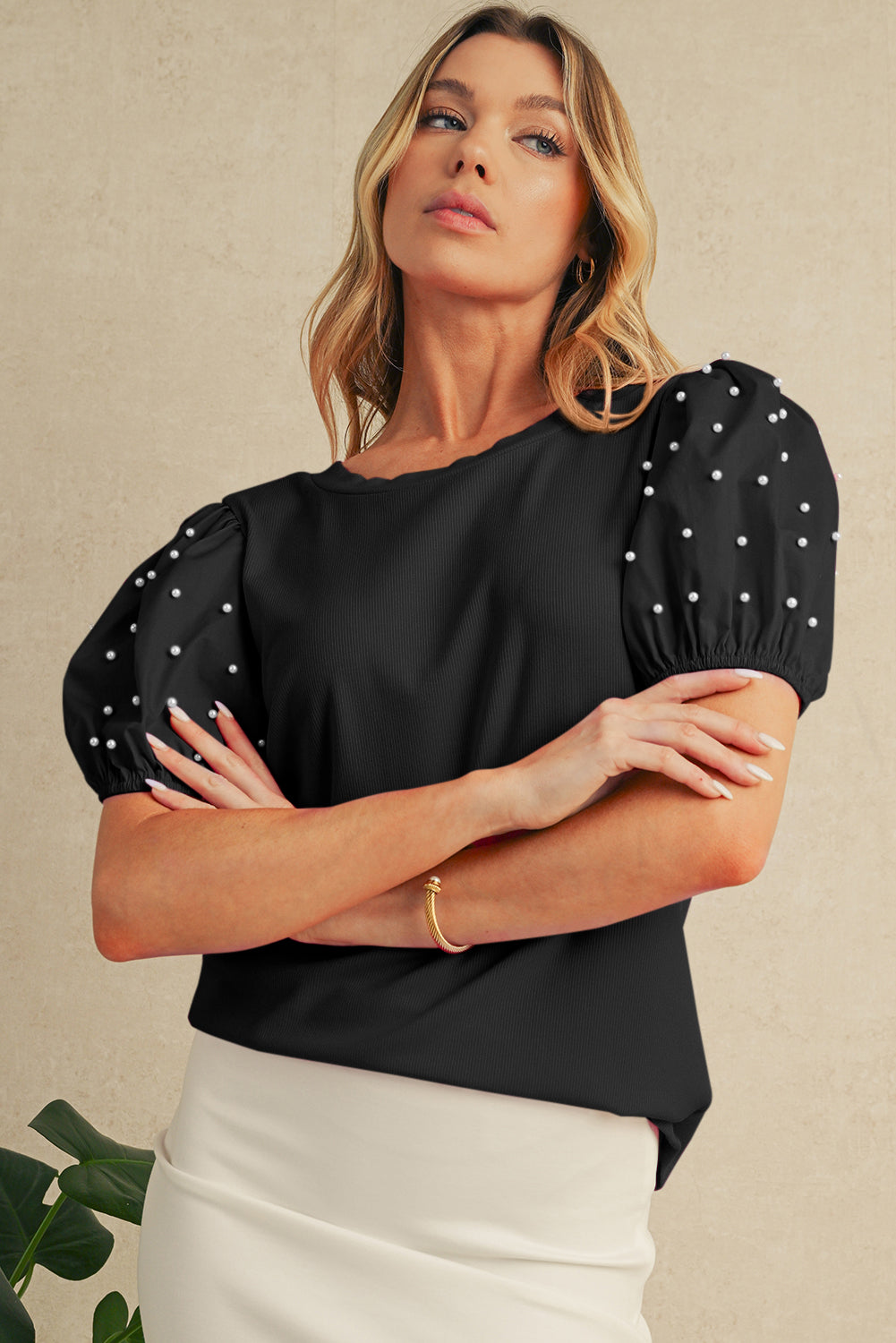 Black Pearl Beaded Puff Sleeve Ribbed Top