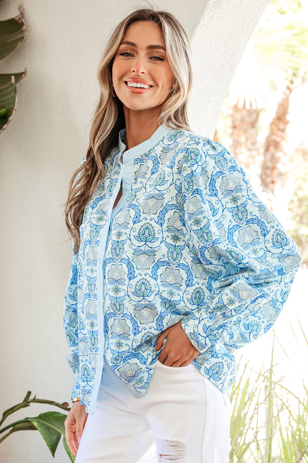 Sky Blue Paisley Print Puff Sleeve Loose Shirt