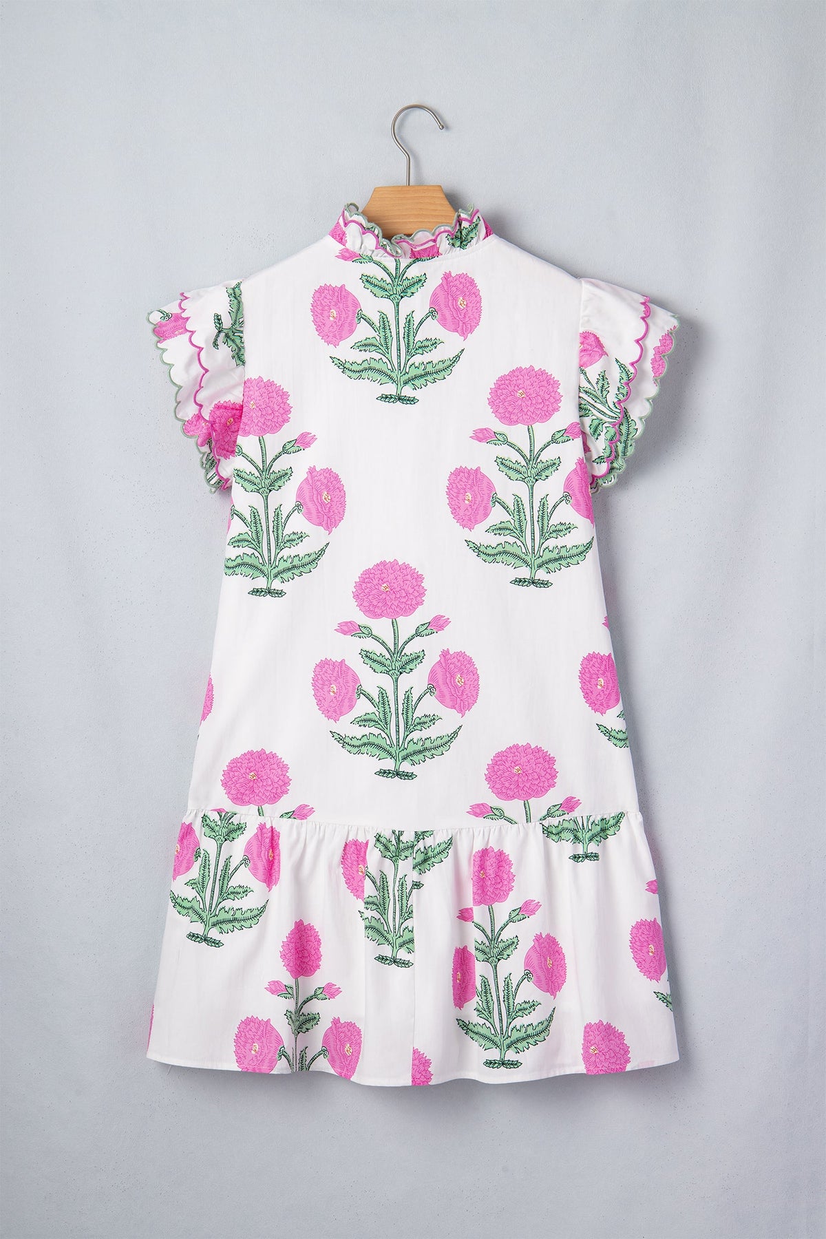White Wild Floral Print Scalloped Embroidery Trim V Neck Drop Waist Mini Dress