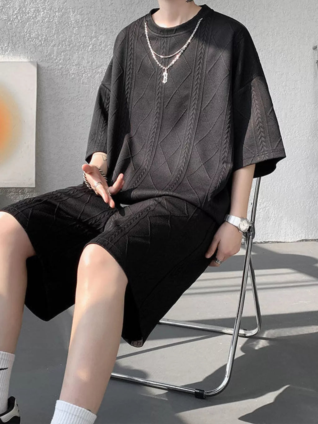 Men's Plus Size Textured Relaxed Fit Top and Shorts Set