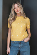 Yellow Cream Elegant Polka Dot Bubble Short Sleeve Sweater