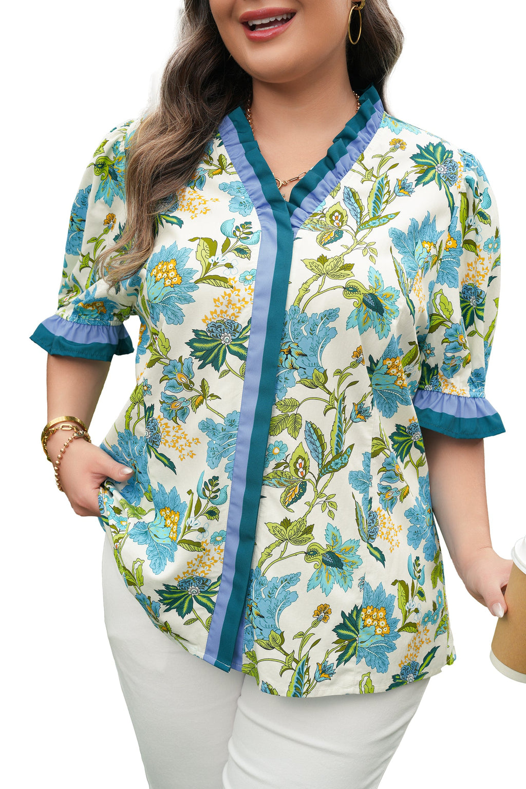 Sky Blue Plus Size Frilled V Neck Short Sleeve Floral Blouse