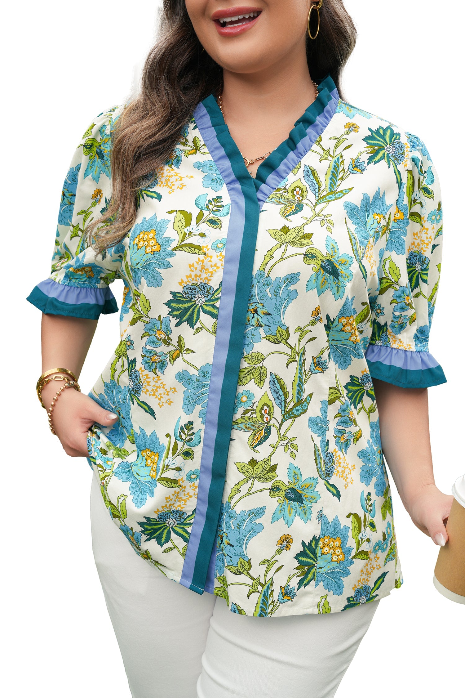 Sky Blue Plus Size Frilled V Neck Short Sleeve Floral Blouse