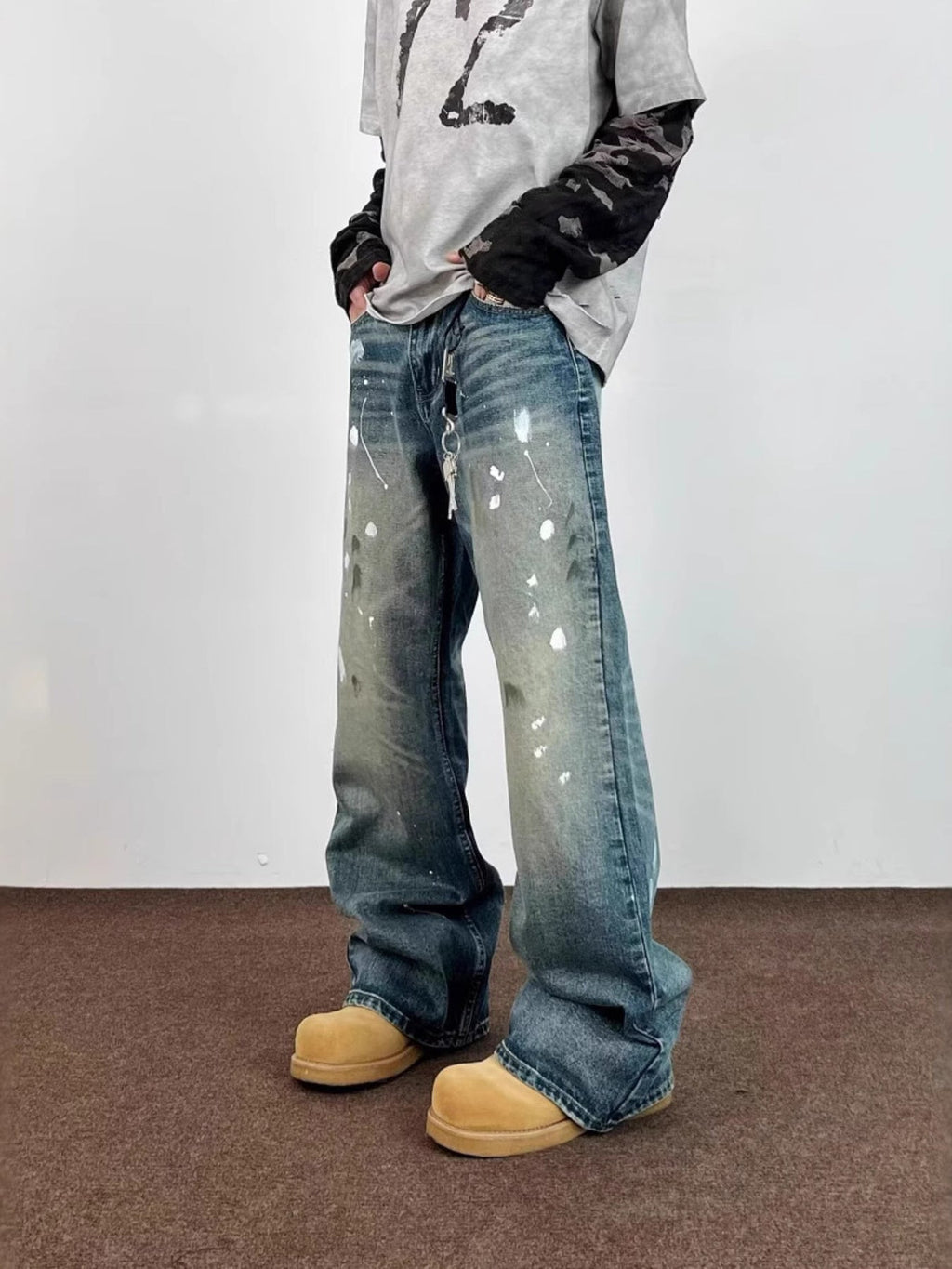 Men's Full Size Wide Leg Jeans with Paint Splatter Plus Size