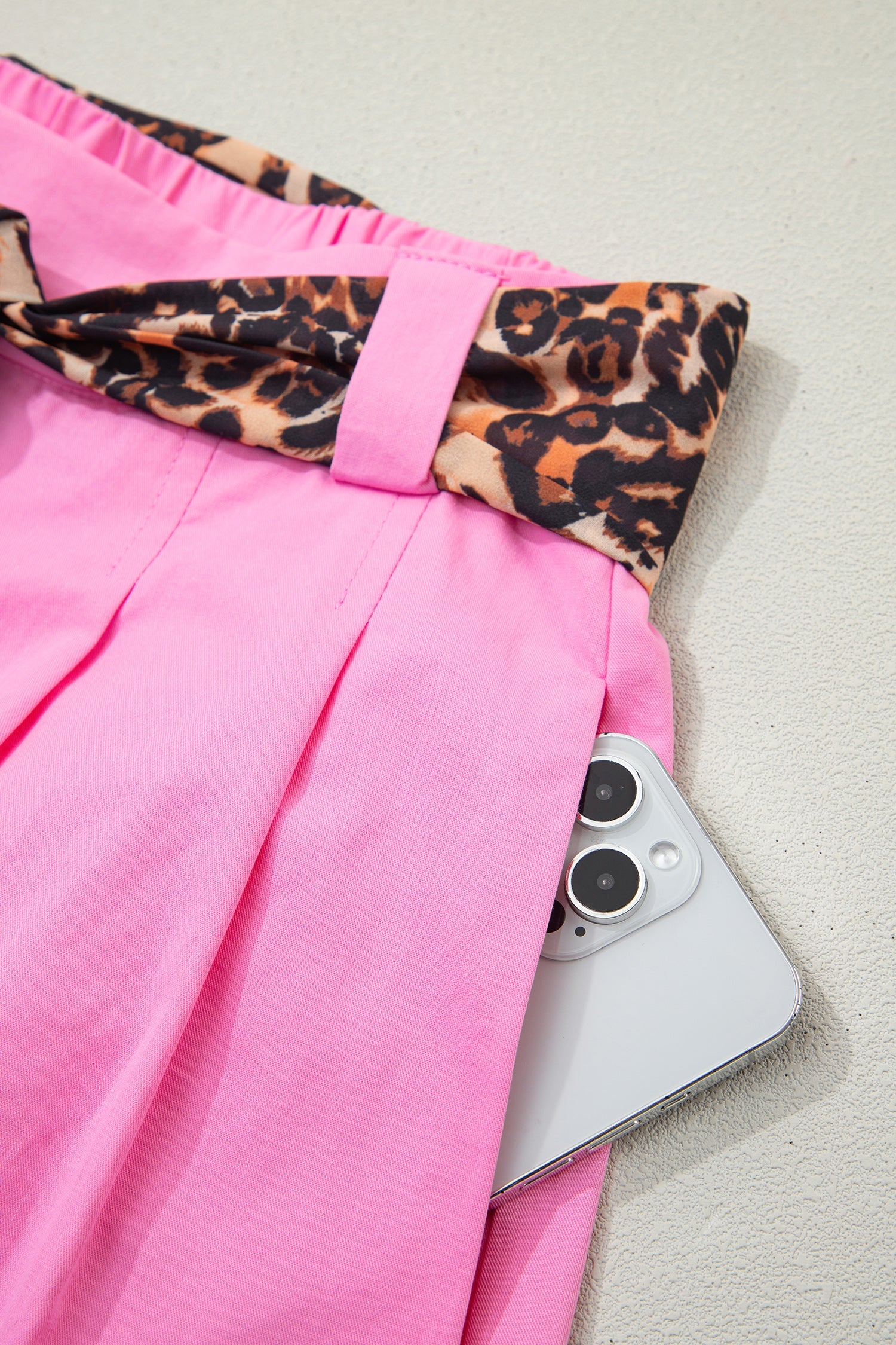 Bright Pink Leopard Contrast Sash Belt Pleated Wide Leg Shorts