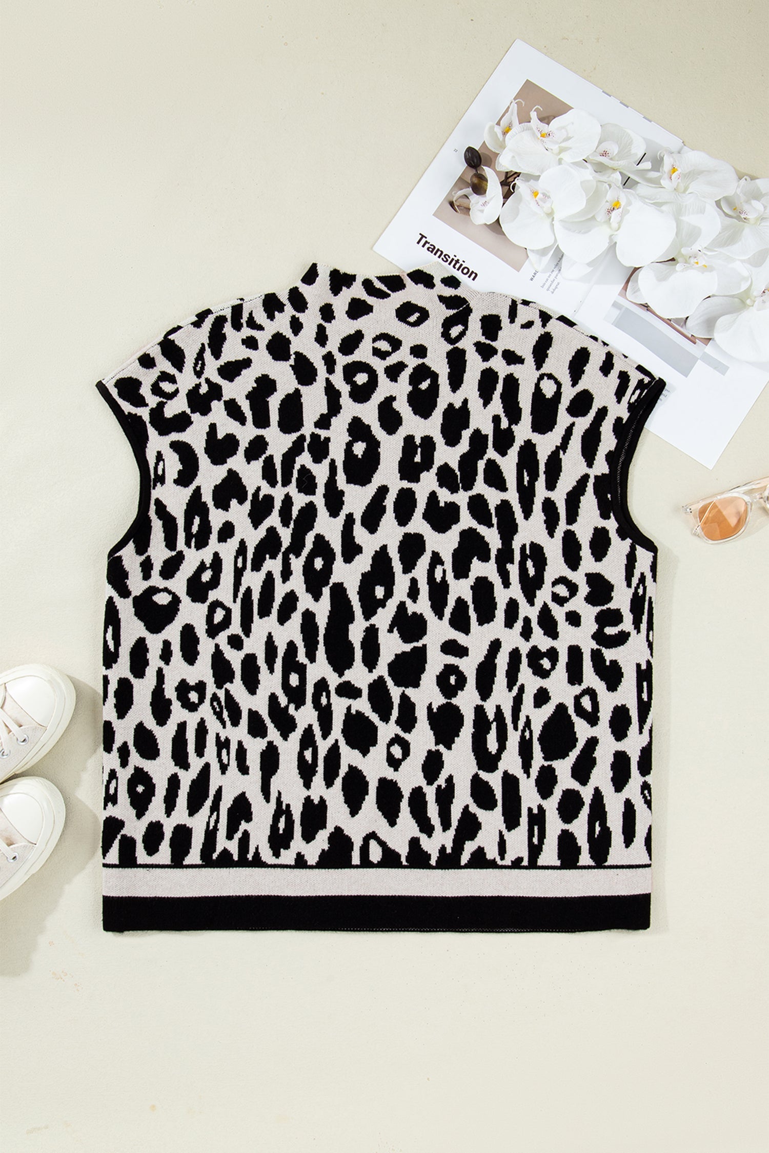 Black Plus Size Leopard Print High Neck Short Sleeve Sweater