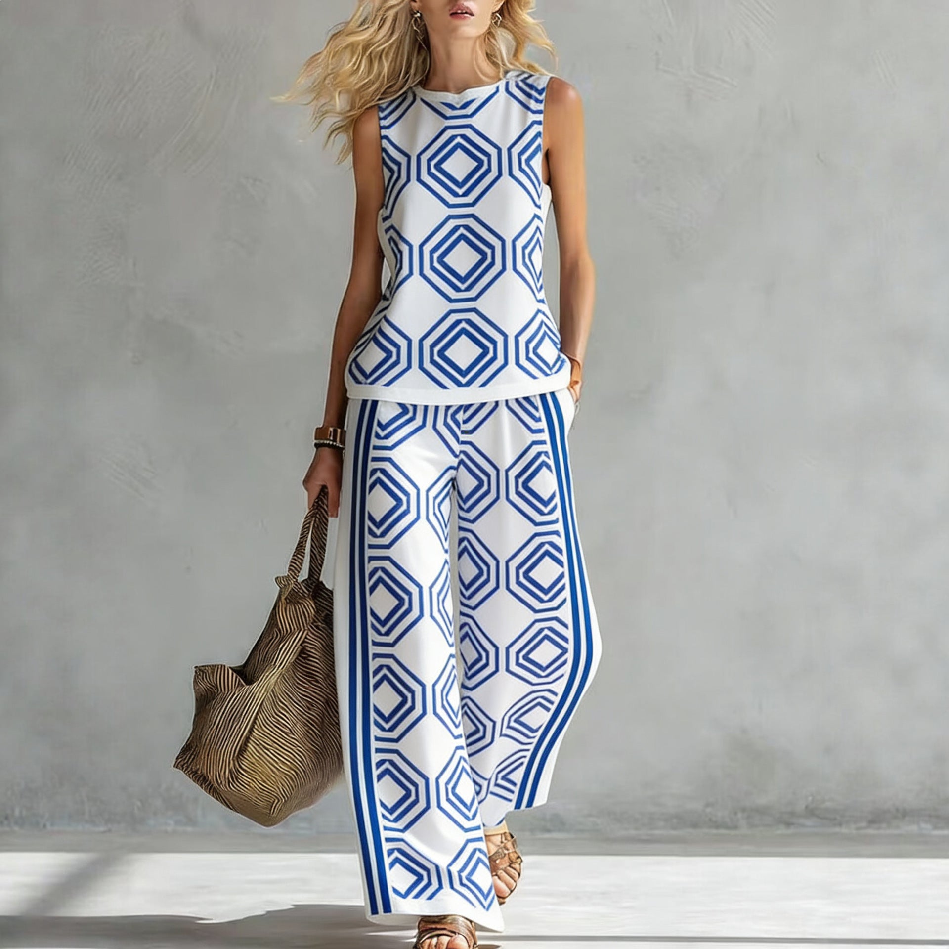 Women's Sleeveless Printed Tank Top & Wide-Leg Pants Two-Piece Set