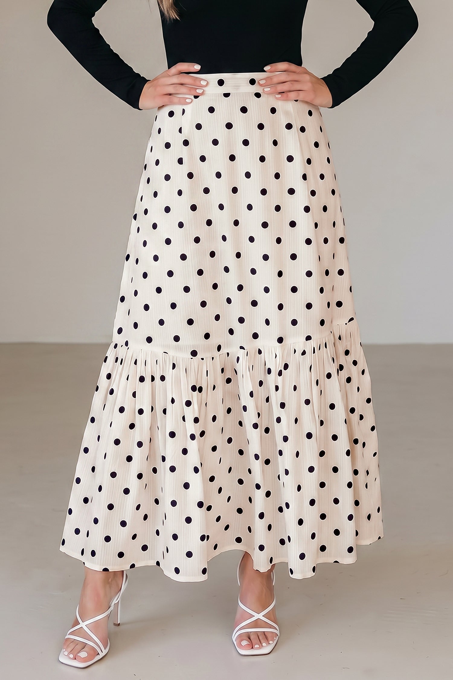 White Polka Dot Ruffled Slit Maxi Skirt