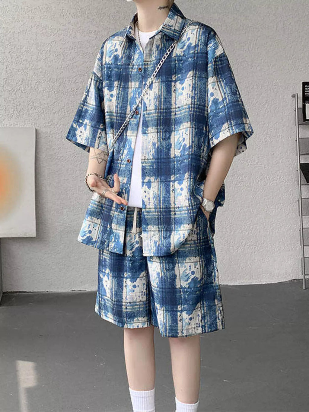 Men's Plus Size Casual Plaid Print Shirt & Shorts Set