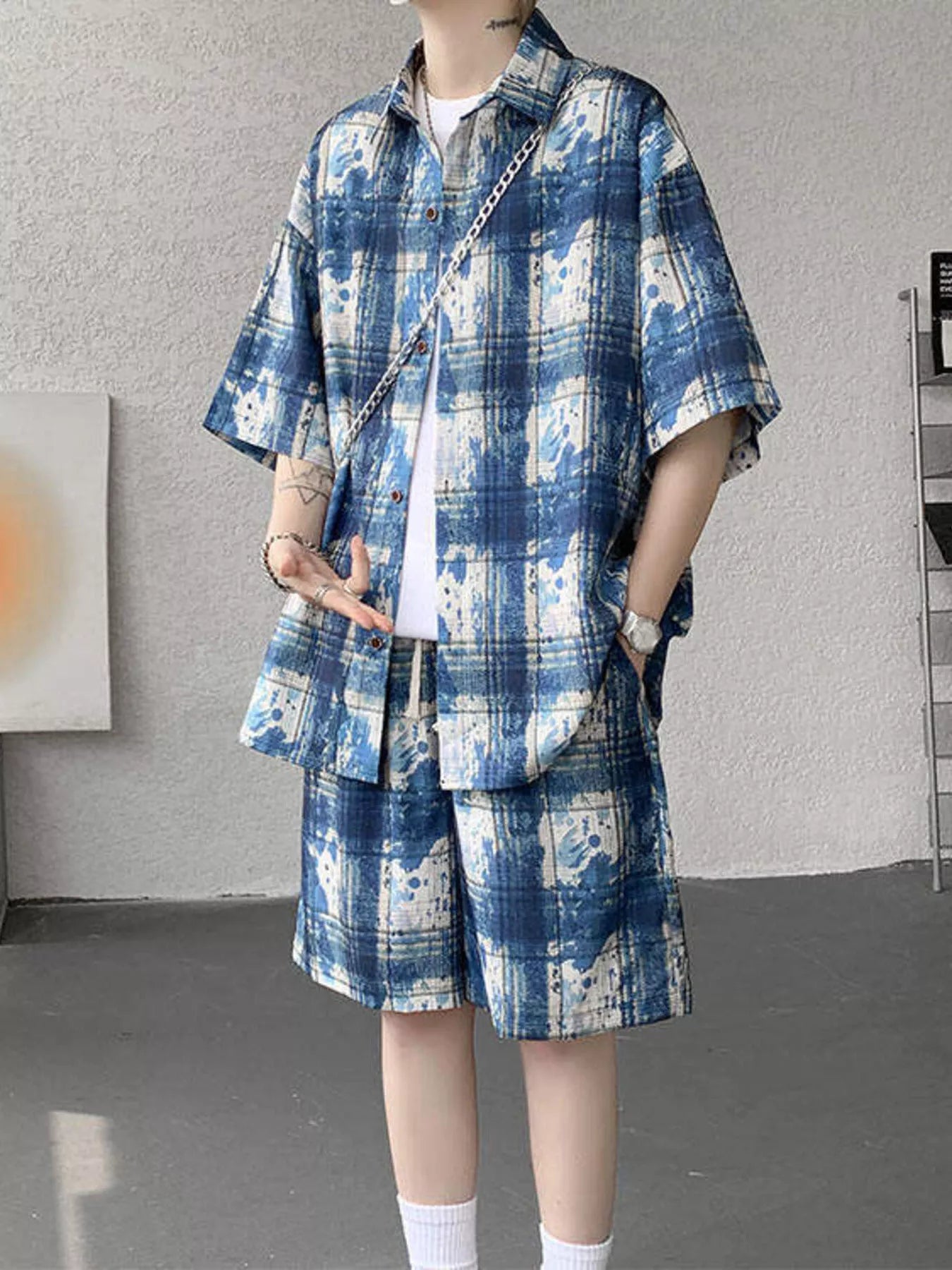 Men's Plus Size Casual Plaid Print Shirt & Shorts Set