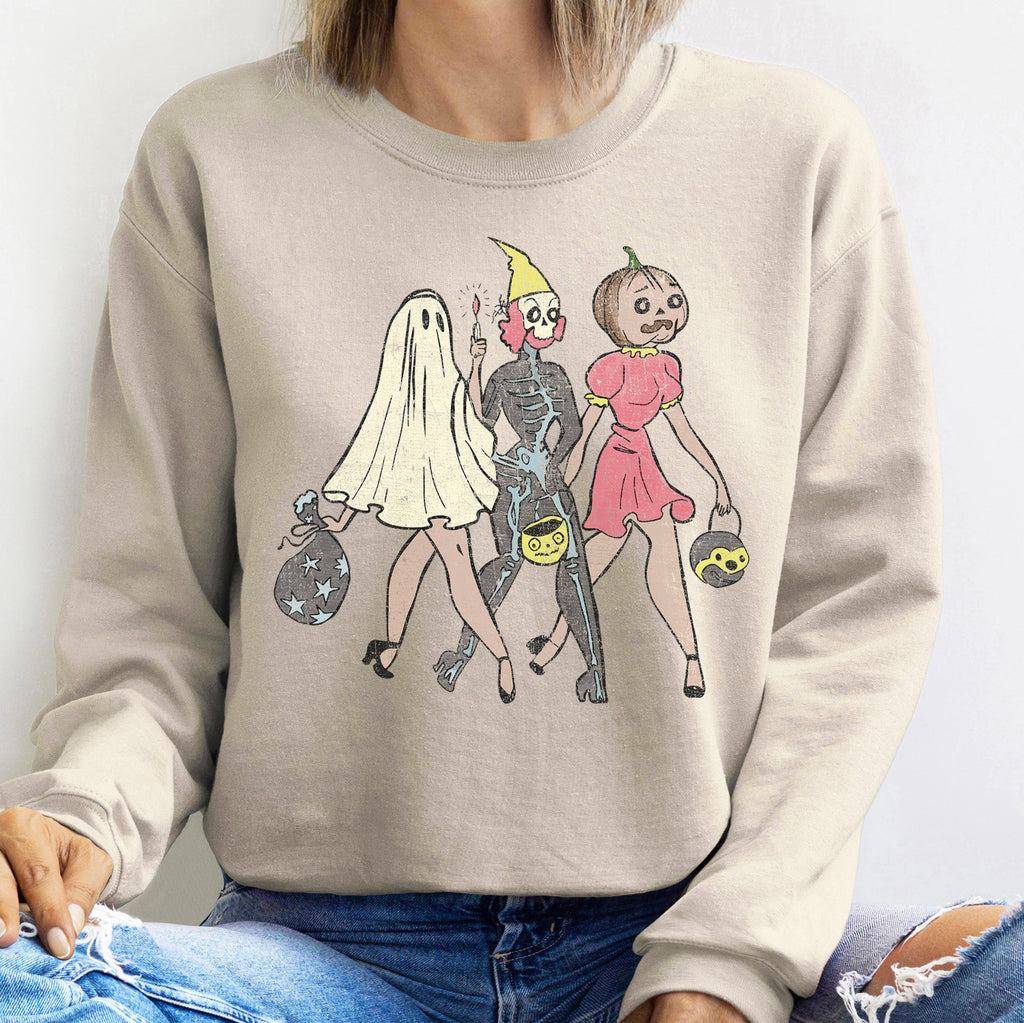 Three Girls Vintage Halloween Moonlit Parade of Spooky Characters and Witch Silhouettes Sweatshirt