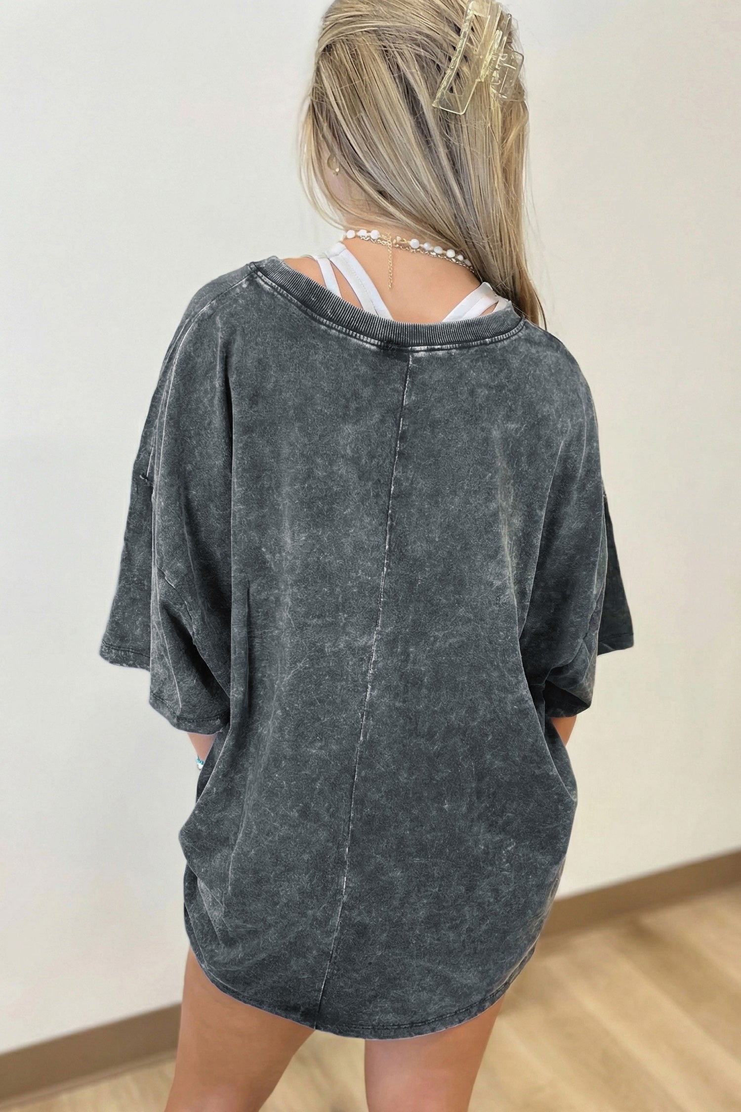 Dark Grey Solid Color Cotton Mineral Washed Oversize Tee