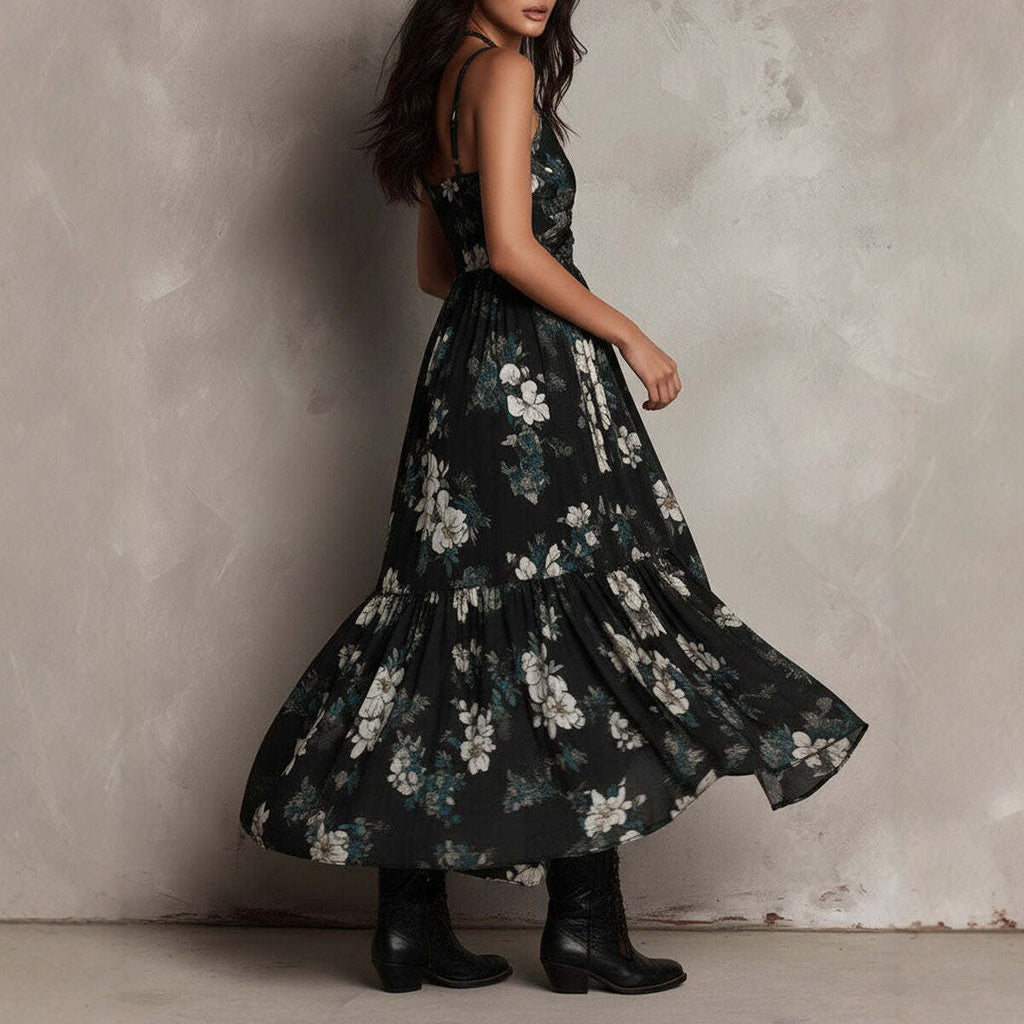 Printed Deep V-Neck Camisole Maxi Dress – High-Waist High-Slit Vacation Dress for Women