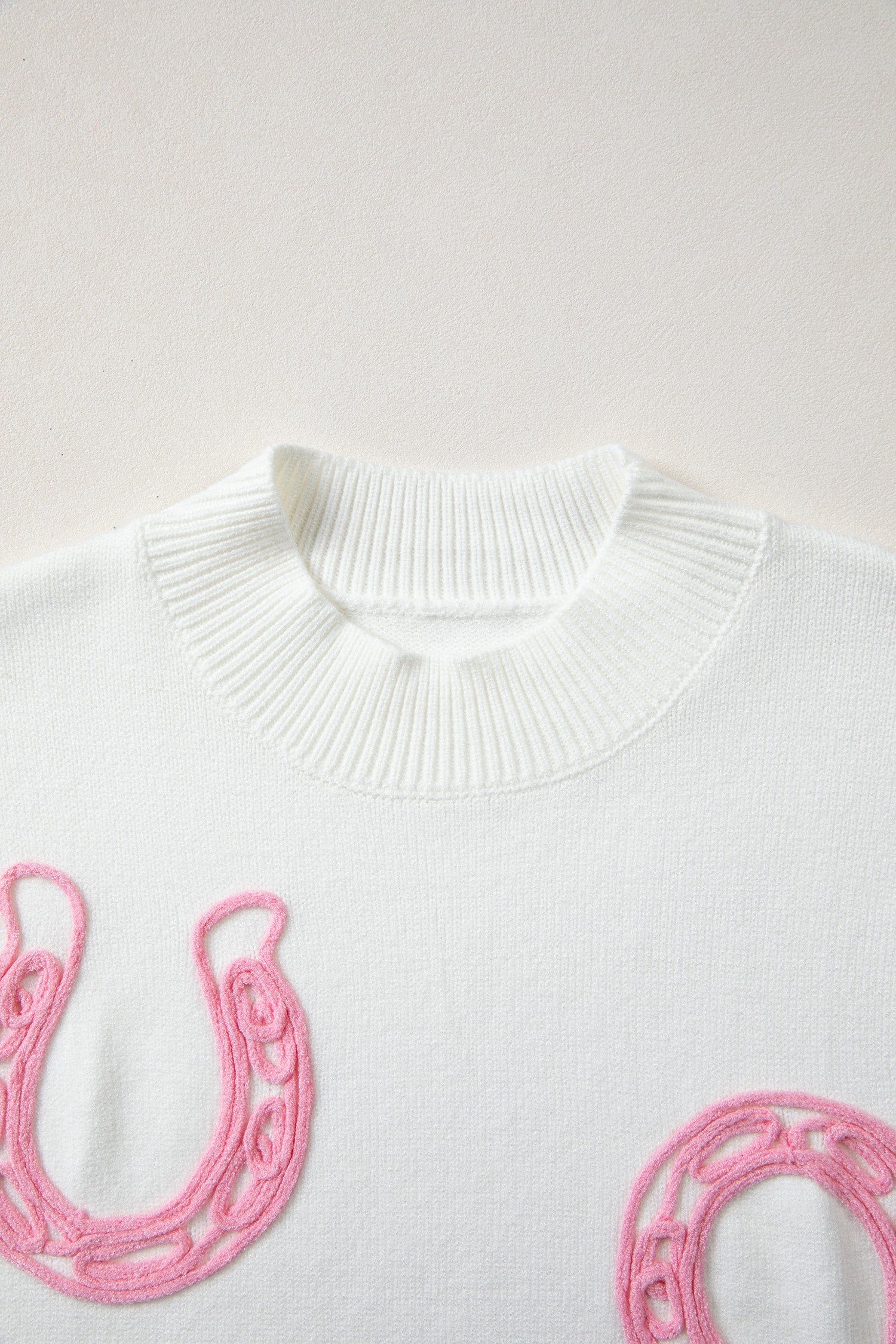 White Corded Horseshoes Ribbed Trim Mock Neck Short Sleeve Sweater