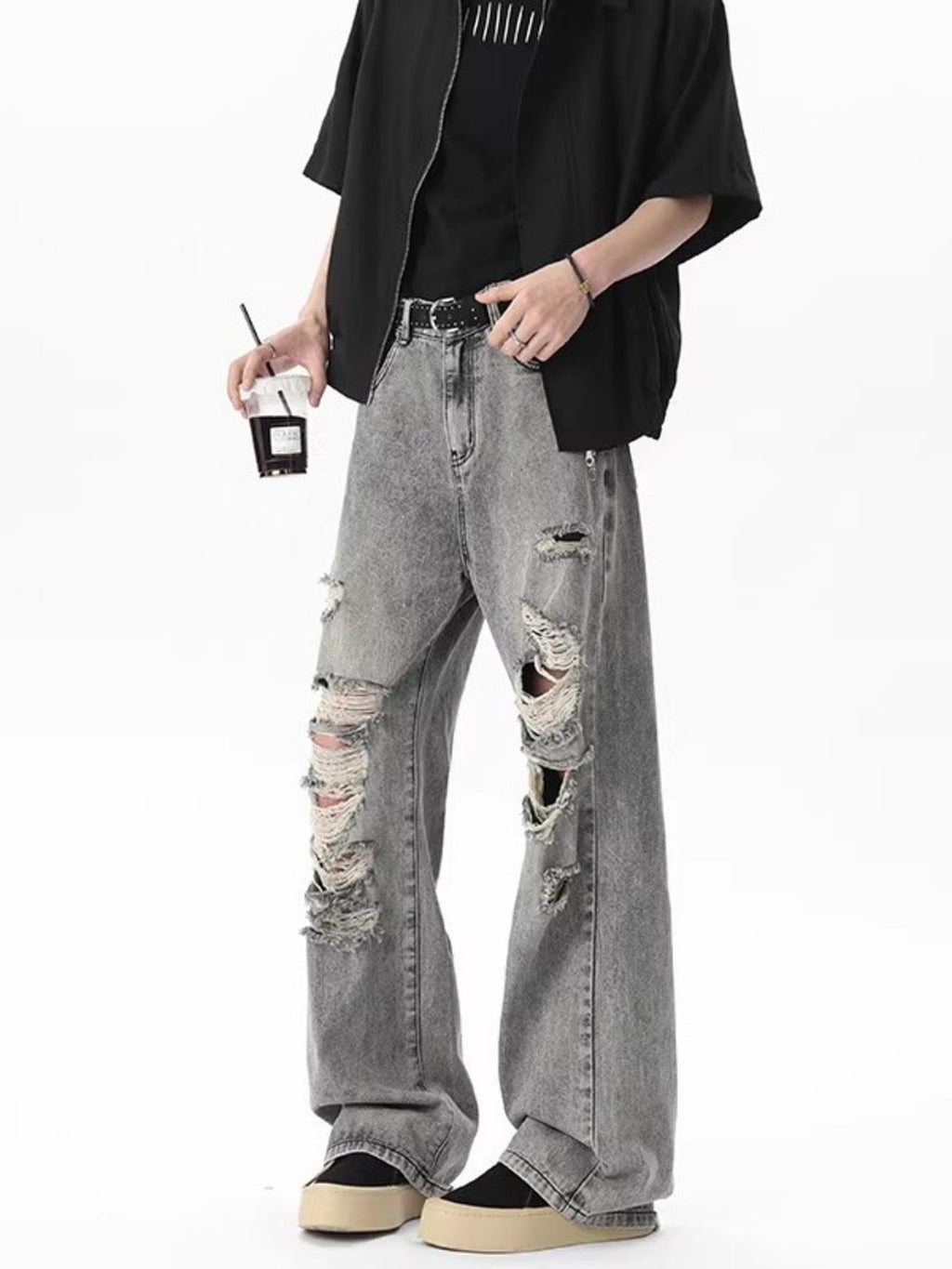 Men's Full Size Distressed Wide Leg Jeans Plus Size