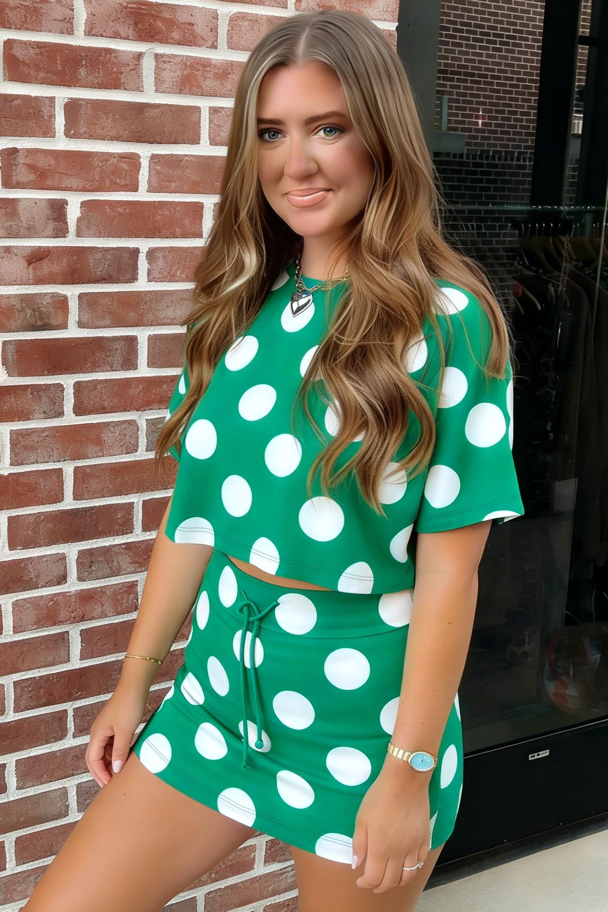 Green Polka Dot Print Cropped Tee Bodycon Skort 2pcs Set