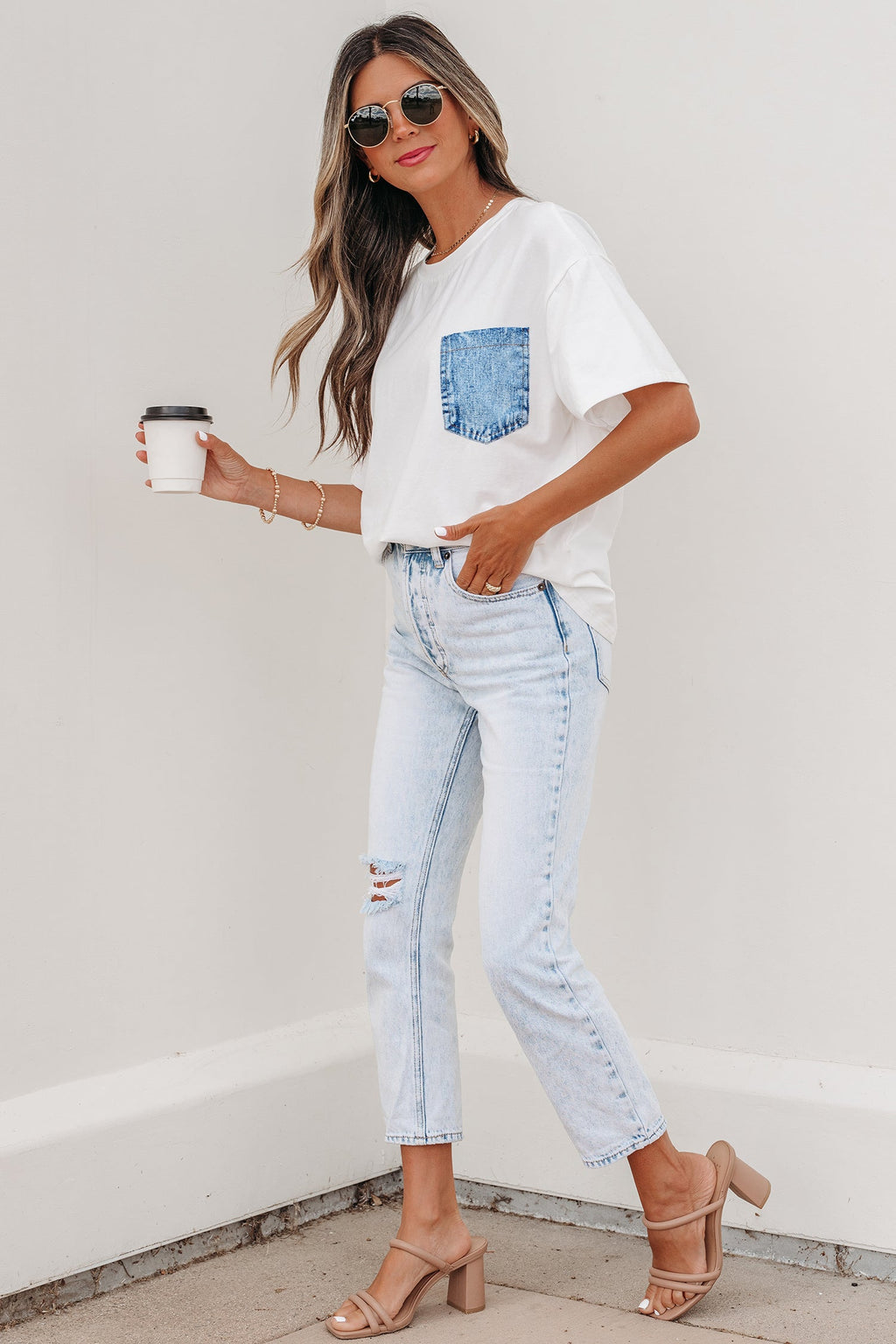 White Color Block Chest Pocket Patched Casual Short Sleeve Top