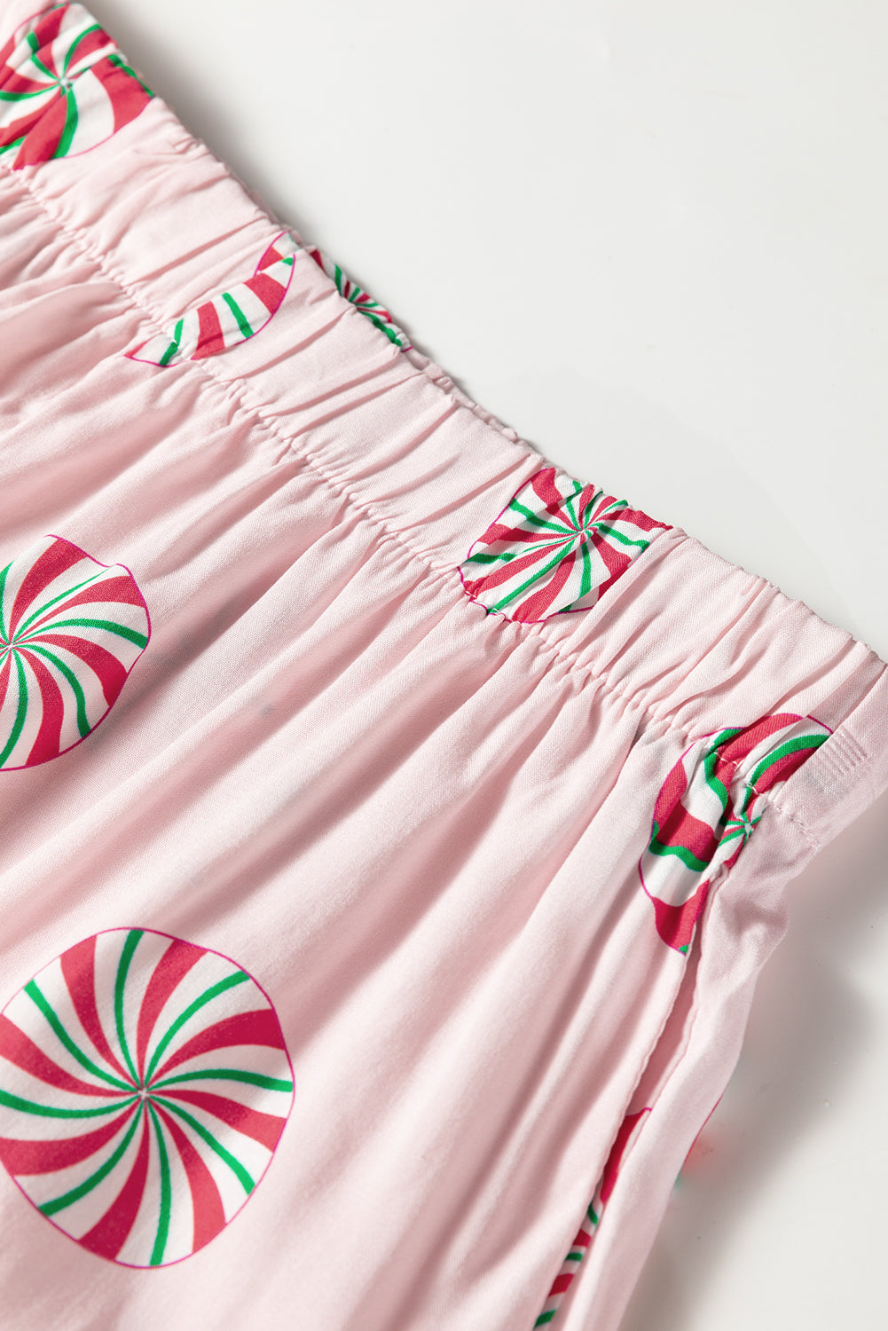 Pink Christmas Candy Contrast Trim Bow Knot Silky 2pcs Pajama Set