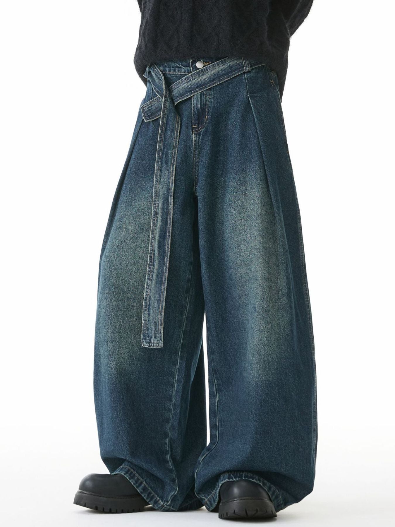 Men's Full Size Wash Belted Wide Leg Jeans Plus Size