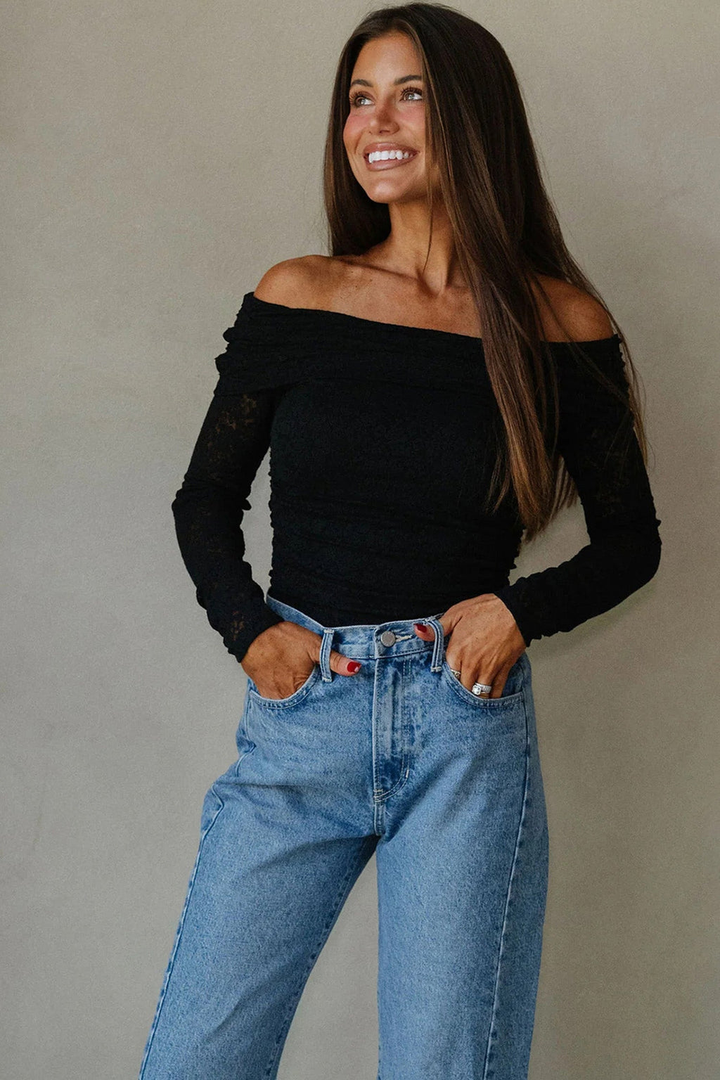 Black Floral Lace Off-shoulder Long Sleeve Slim Top