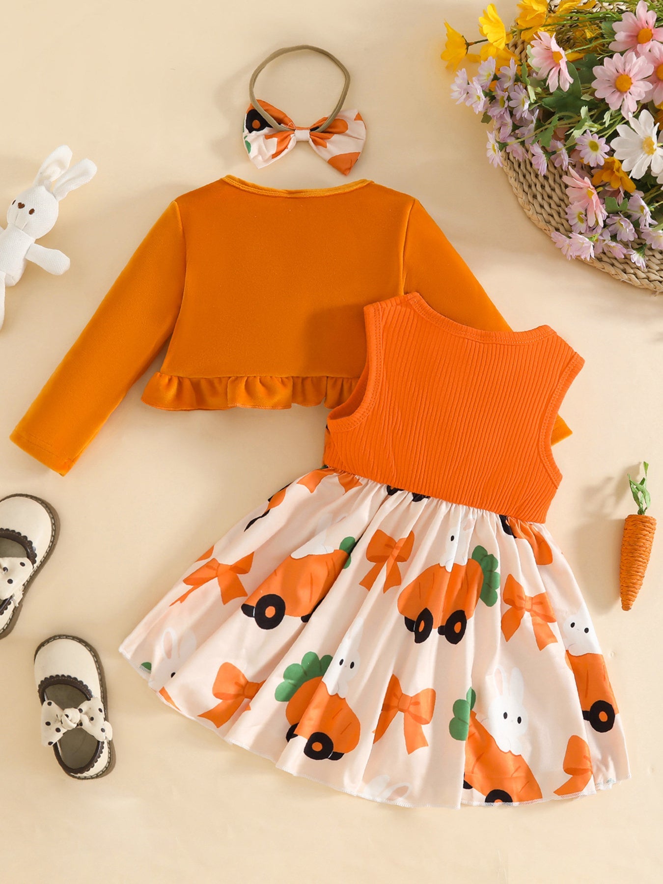 Children's Ruffled Cardigan and Bow Dress Set with Headband