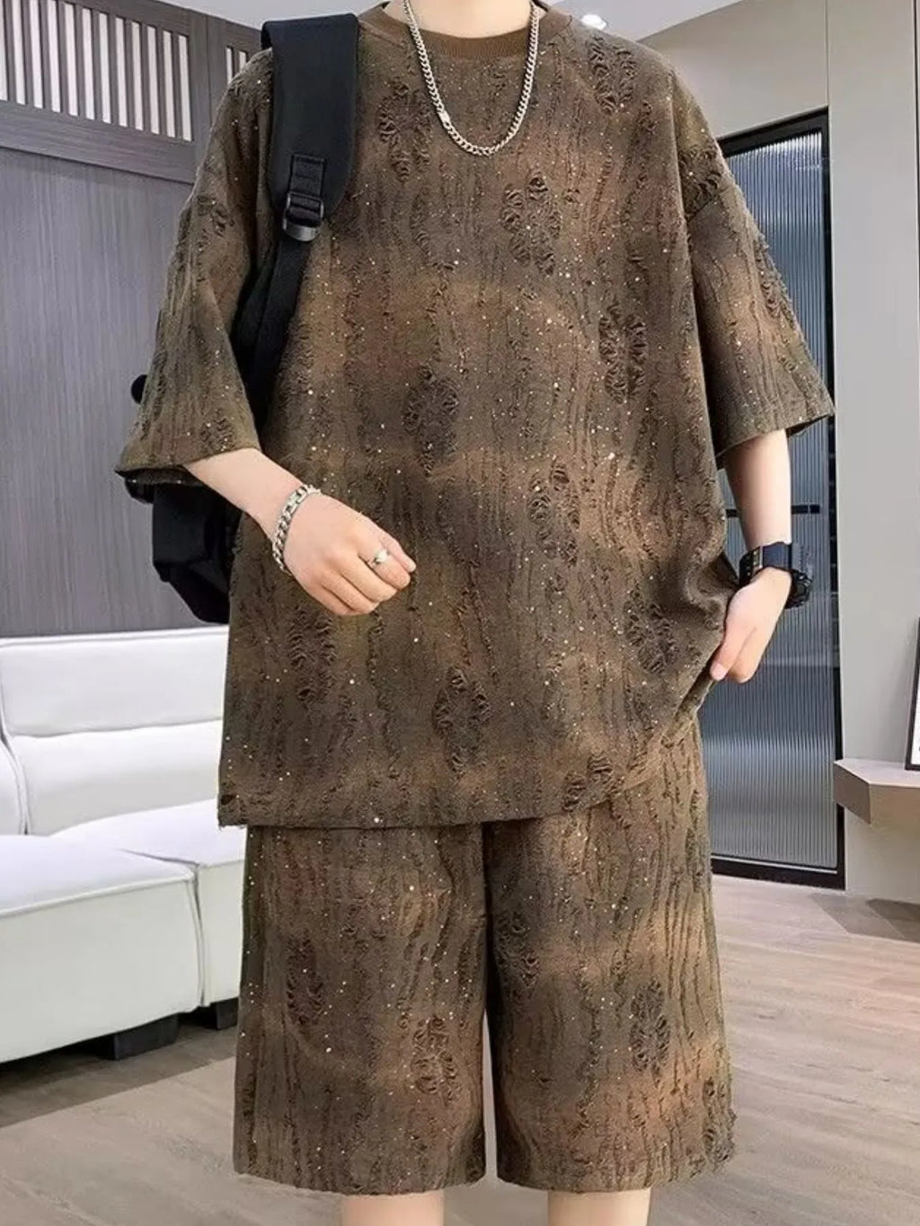 Men's Full Size Round Neck Half Sleeve Top and Shorts Set Plus Size