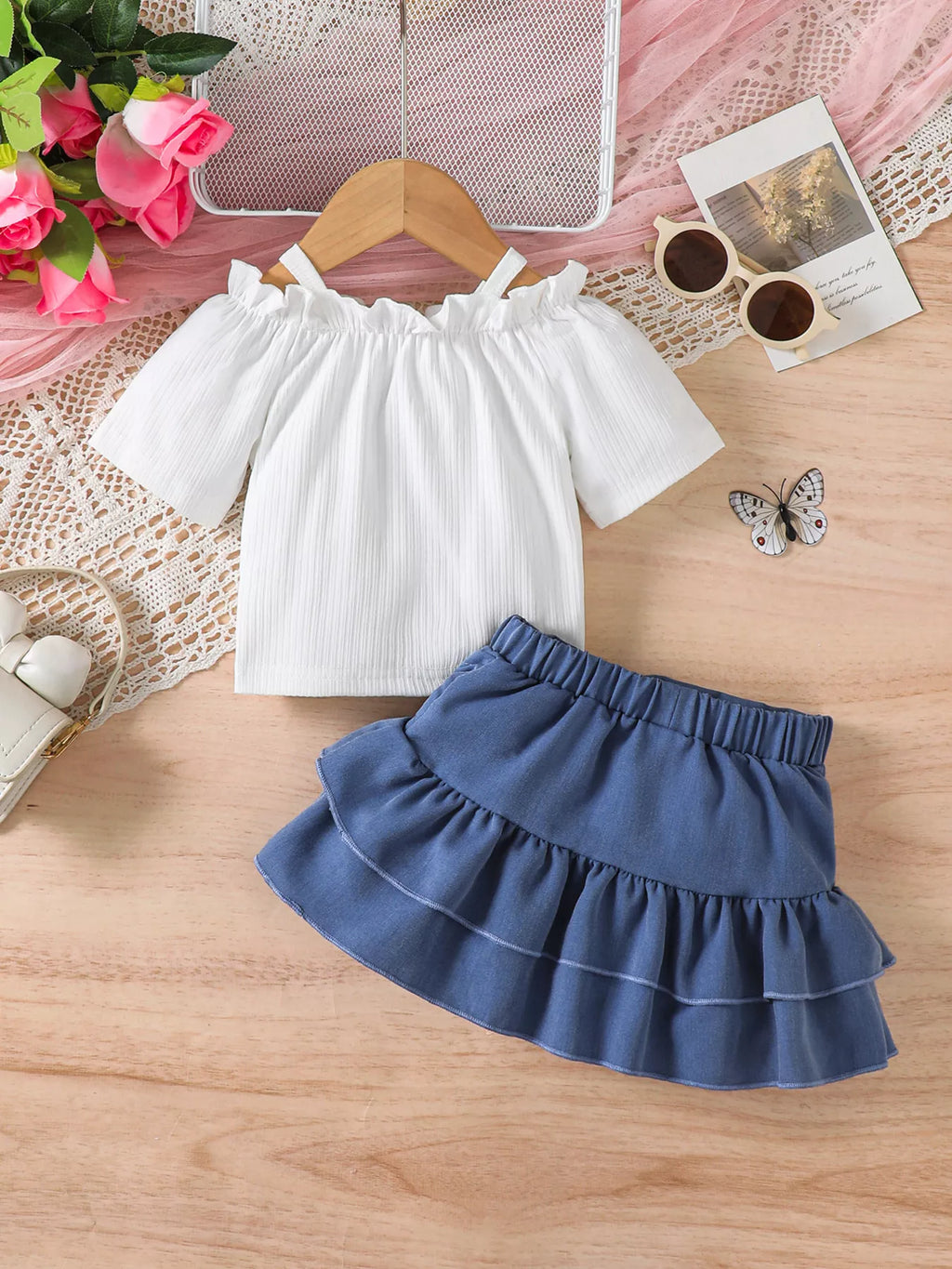 Children's Off-Shoulder Top and Ruffled Denim Skirt Set