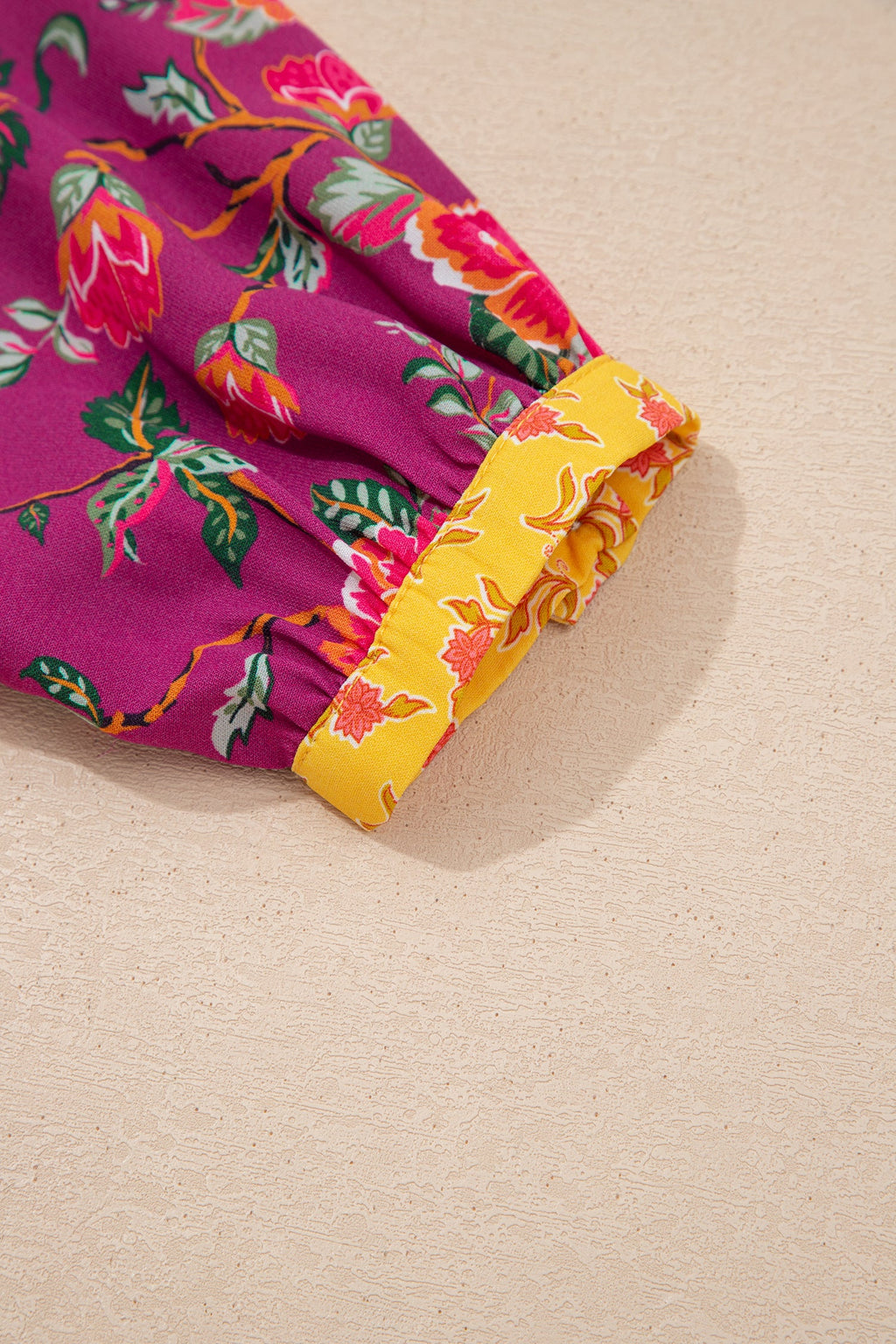 Rose Contrast Placket Split V Neck Floral Blouse