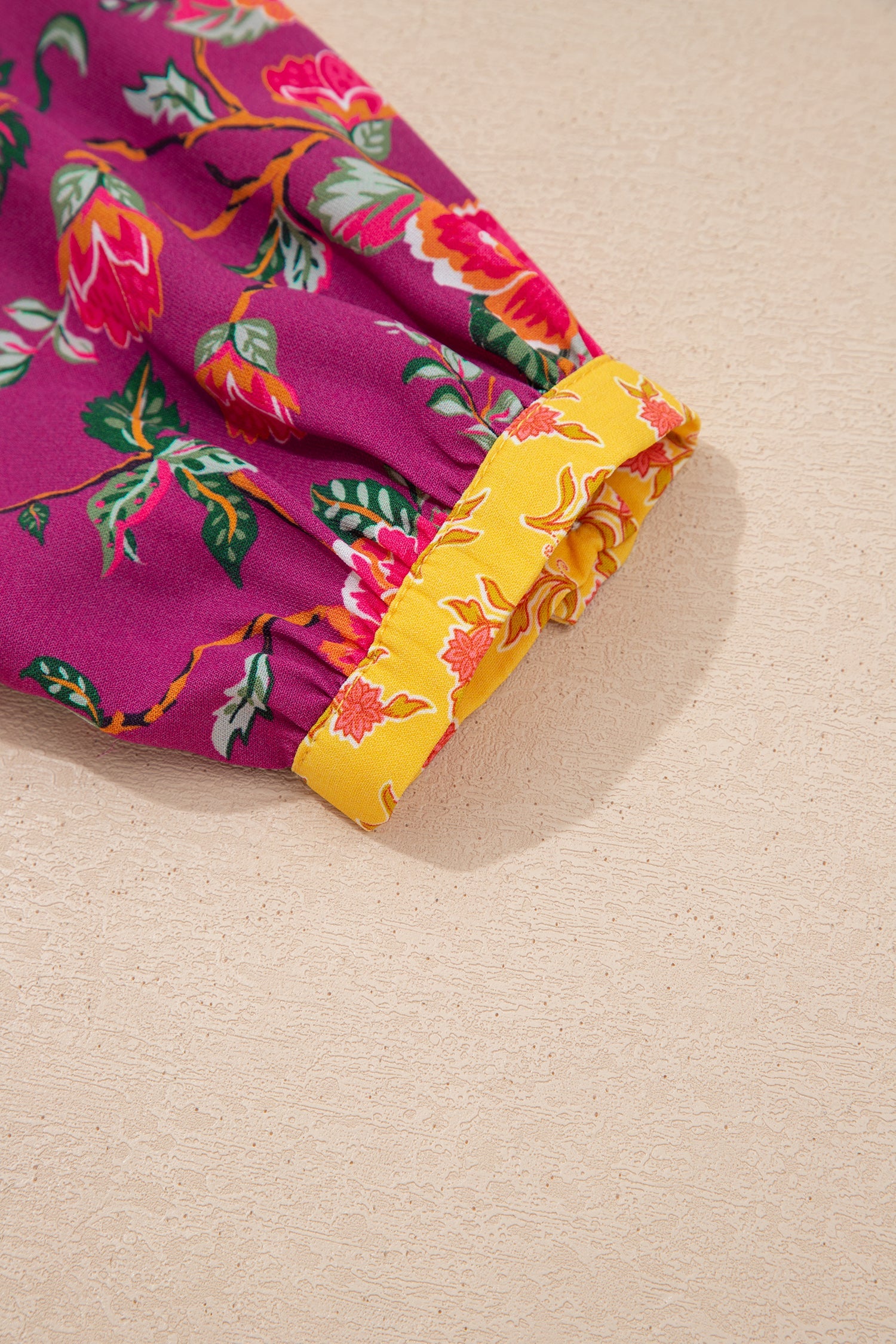 Rose Contrast Placket Split V Neck Floral Blouse