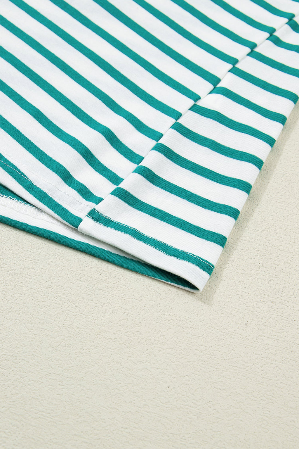 Green Stripe Scalloped Trim Round Neck T Shirt