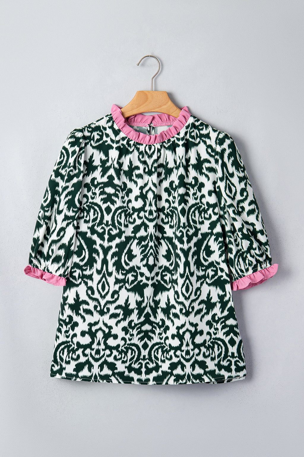 Green Damask Print Ruffled Color Block Detail Half Sleeve Blouse