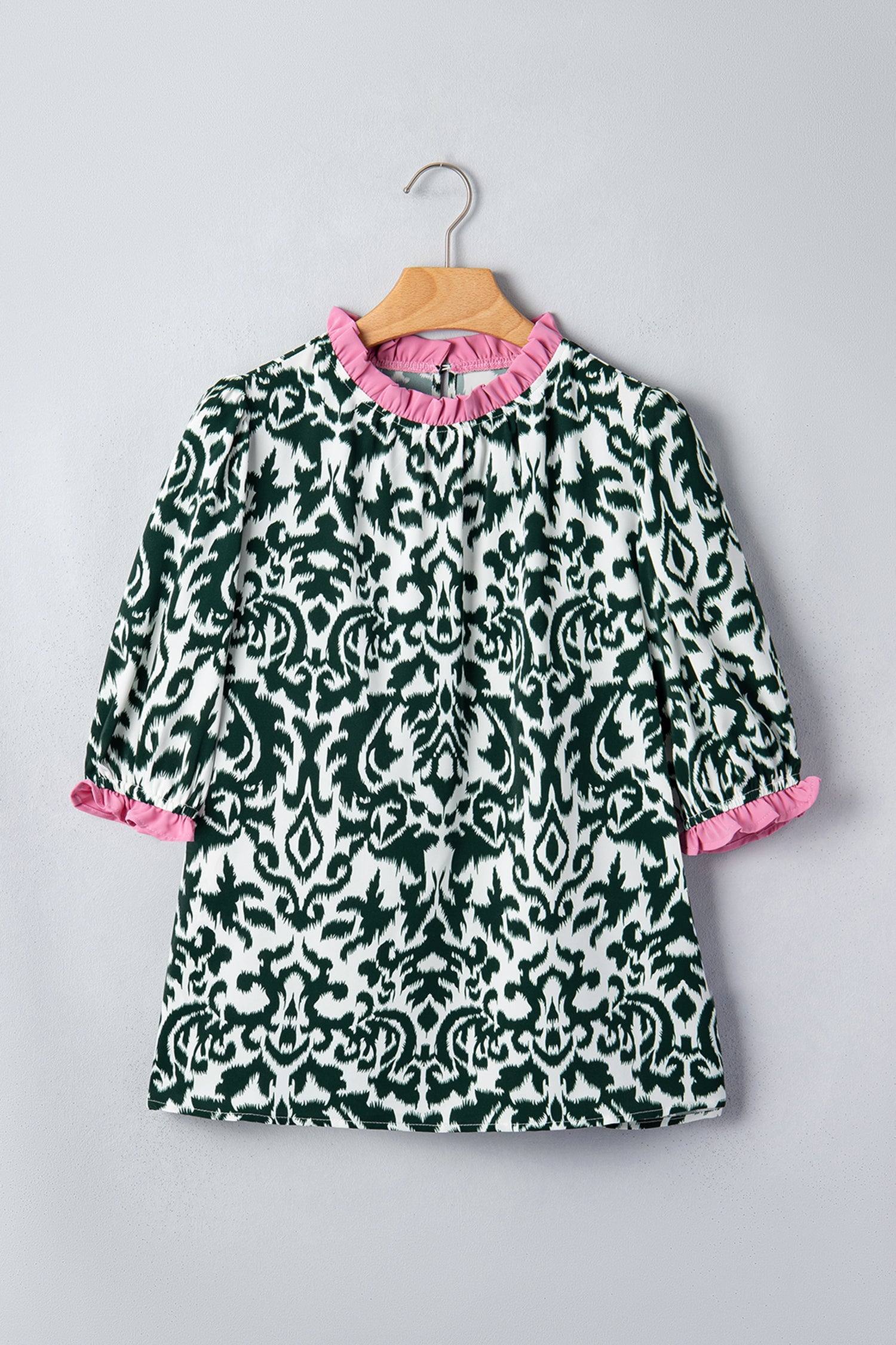 Green Damask Print Ruffled Color Block Detail Half Sleeve Blouse