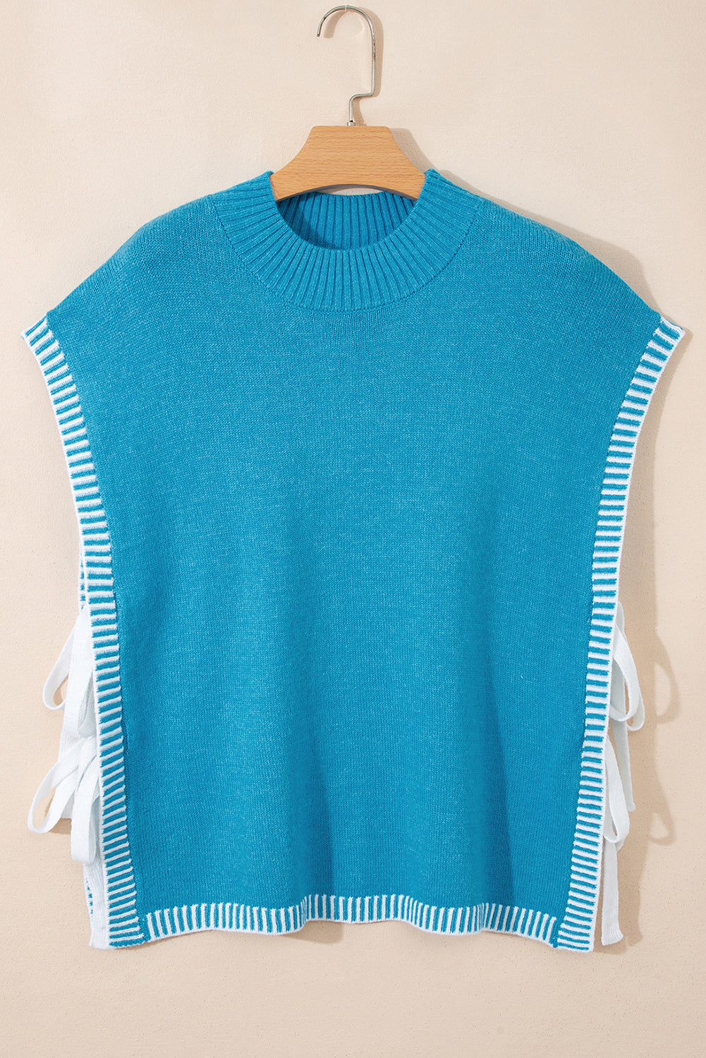 Blue Contrast Stitch Trim Knot Side Mock Neck Sweater Vest