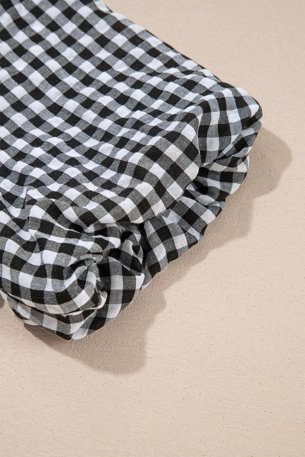 Black Plaid Short Puff Sleeve Frilled Neck Blouse